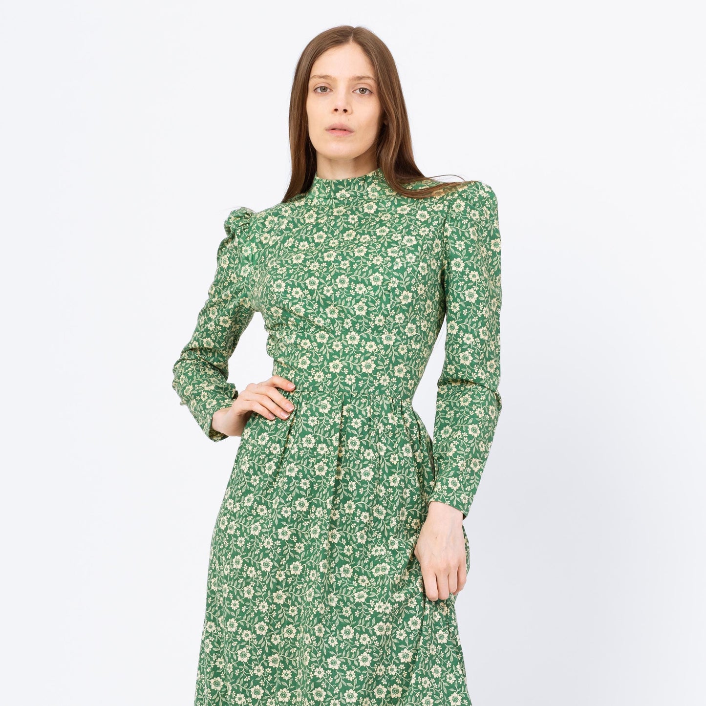 Vintage 60s Green Floral Prairie Maxi Dress - Small | Boho Victorian Style Puff Sleeve High Neck Long Sleeve Hippie Gown