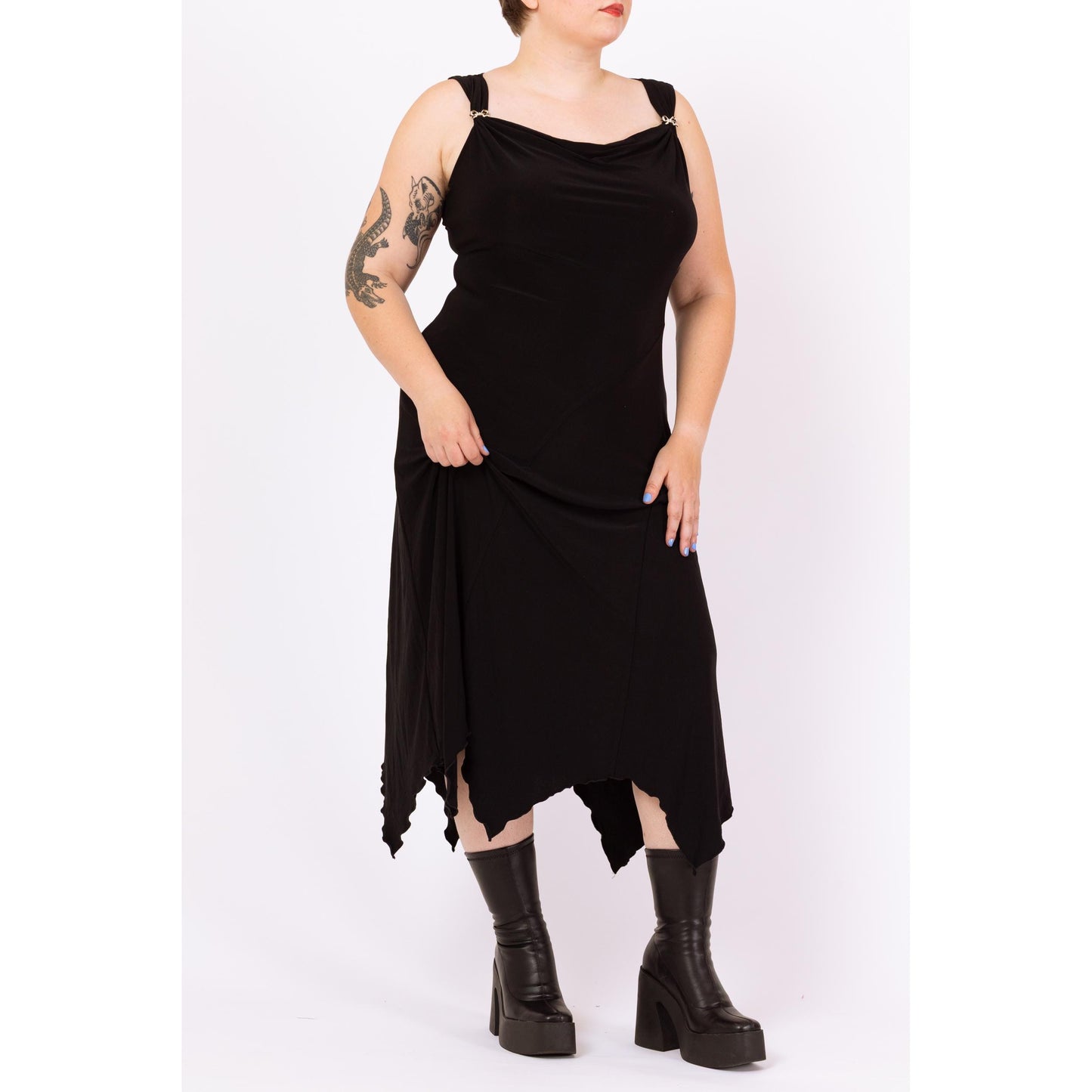 Vintage 90s Black Scarf Hem Witchy Maxi Dress - Large | Jeweled Strap Gothic Party Dress, Slinky Bias Cut Slip Dress