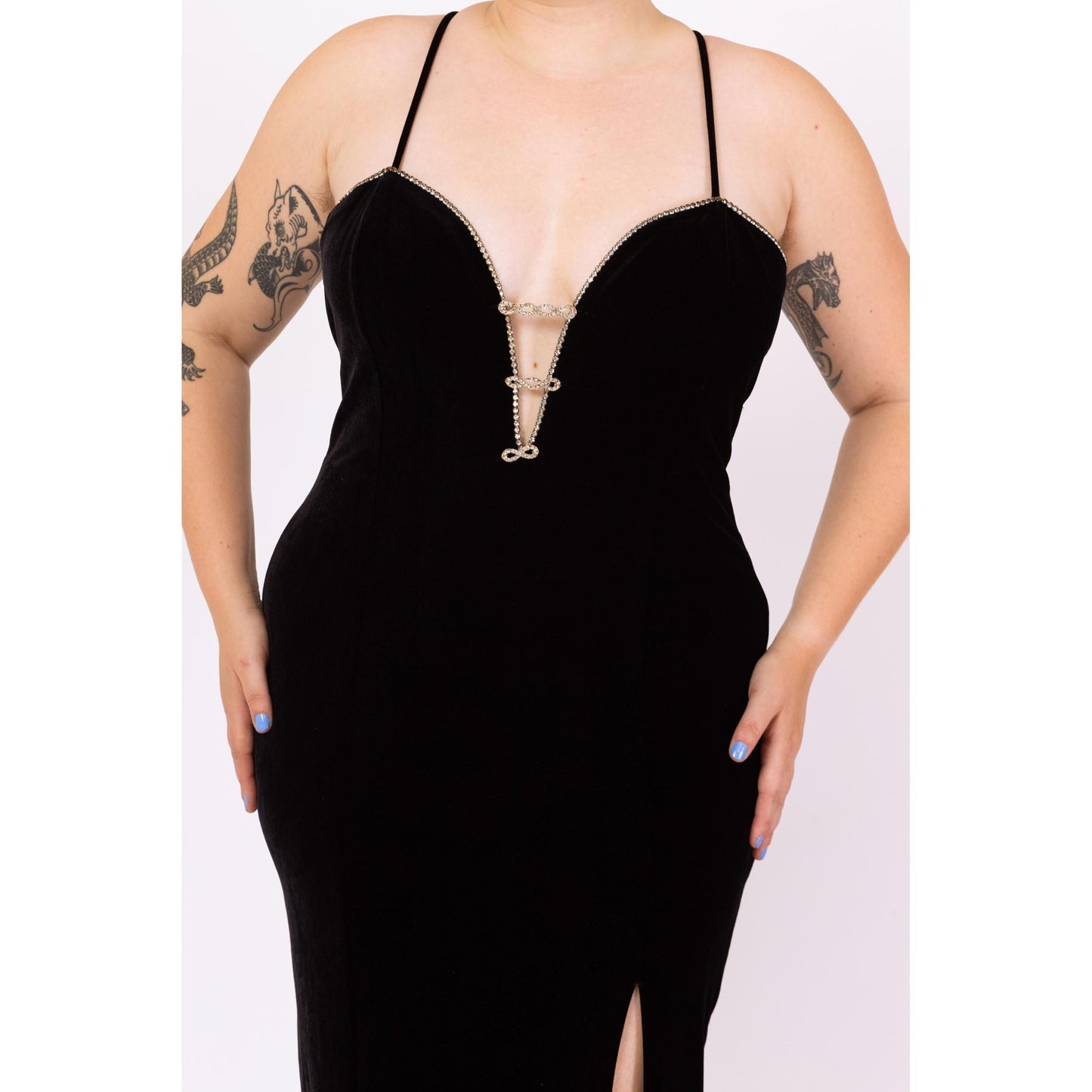 Vintage 90s Black Velvet Rhinestone Trim Low Cut Gown - Large to XL | Sexy Deep V Neck Spaghetti Strap Bodycon Maxi Formal Party Dress
