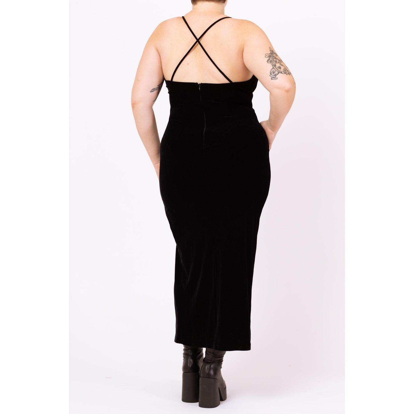 Vintage 90s Black Velvet Rhinestone Trim Low Cut Gown - Large to XL | Sexy Deep V Neck Spaghetti Strap Bodycon Maxi Formal Party Dress