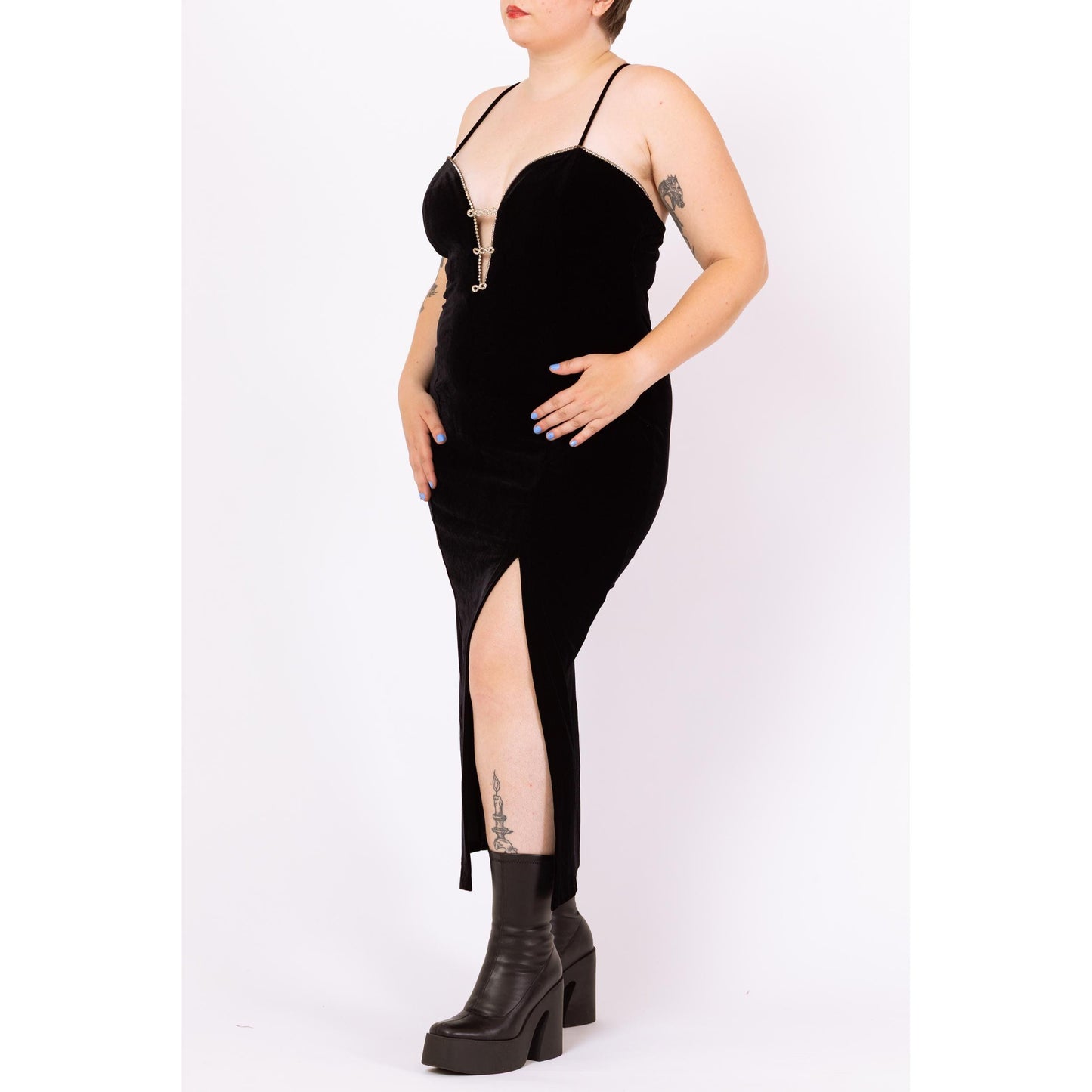 Vintage 90s Black Velvet Rhinestone Trim Low Cut Gown - Large to XL | Sexy Deep V Neck Spaghetti Strap Bodycon Maxi Formal Party Dress