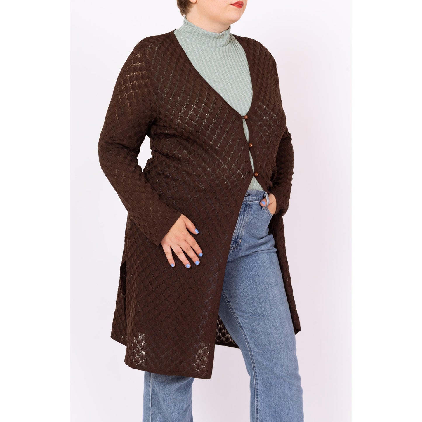 Vintage 90s Y2K Chocolate Brown Open Weave Knit Cardigan - Large | Sheer Diamond Knit Longline Sweater, Boho Layering Piece Cover Up