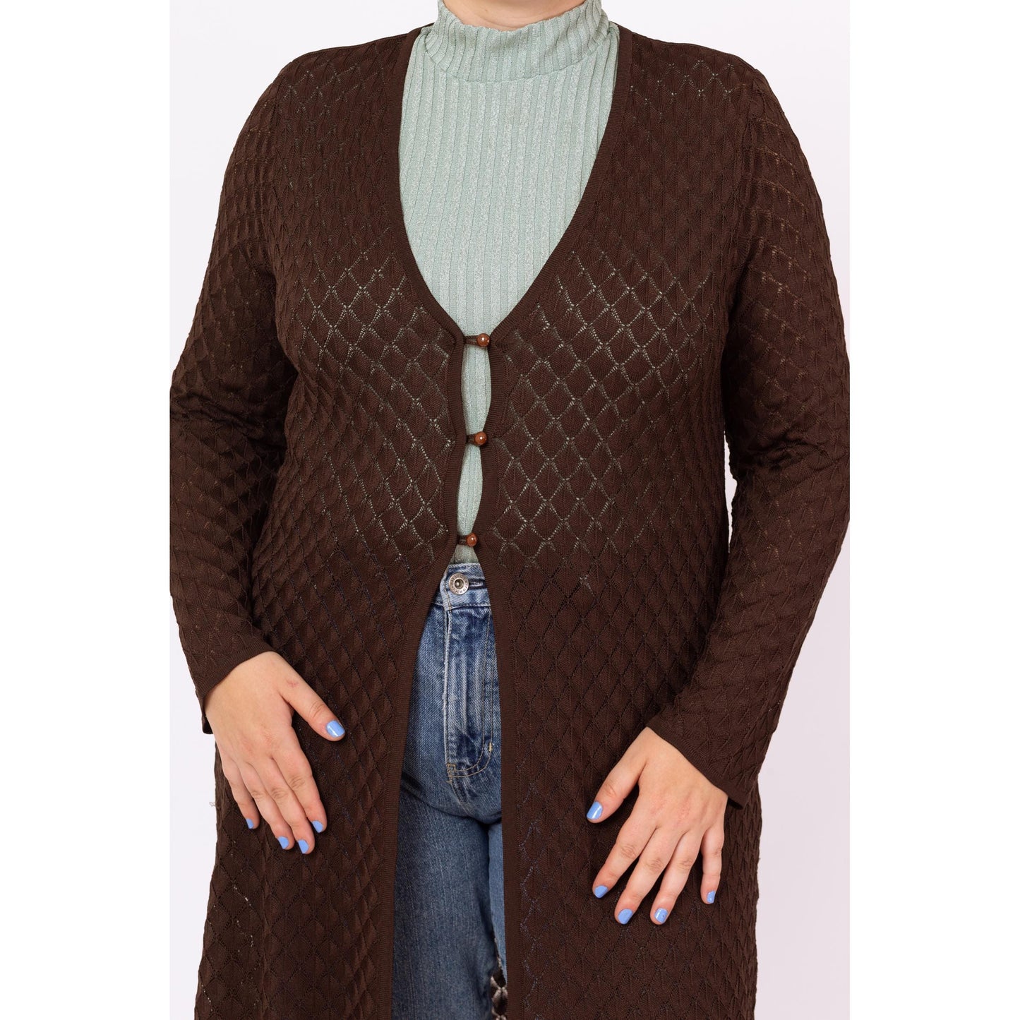Vintage 90s Y2K Chocolate Brown Open Weave Knit Cardigan - Large | Sheer Diamond Knit Longline Sweater, Boho Layering Piece Cover Up