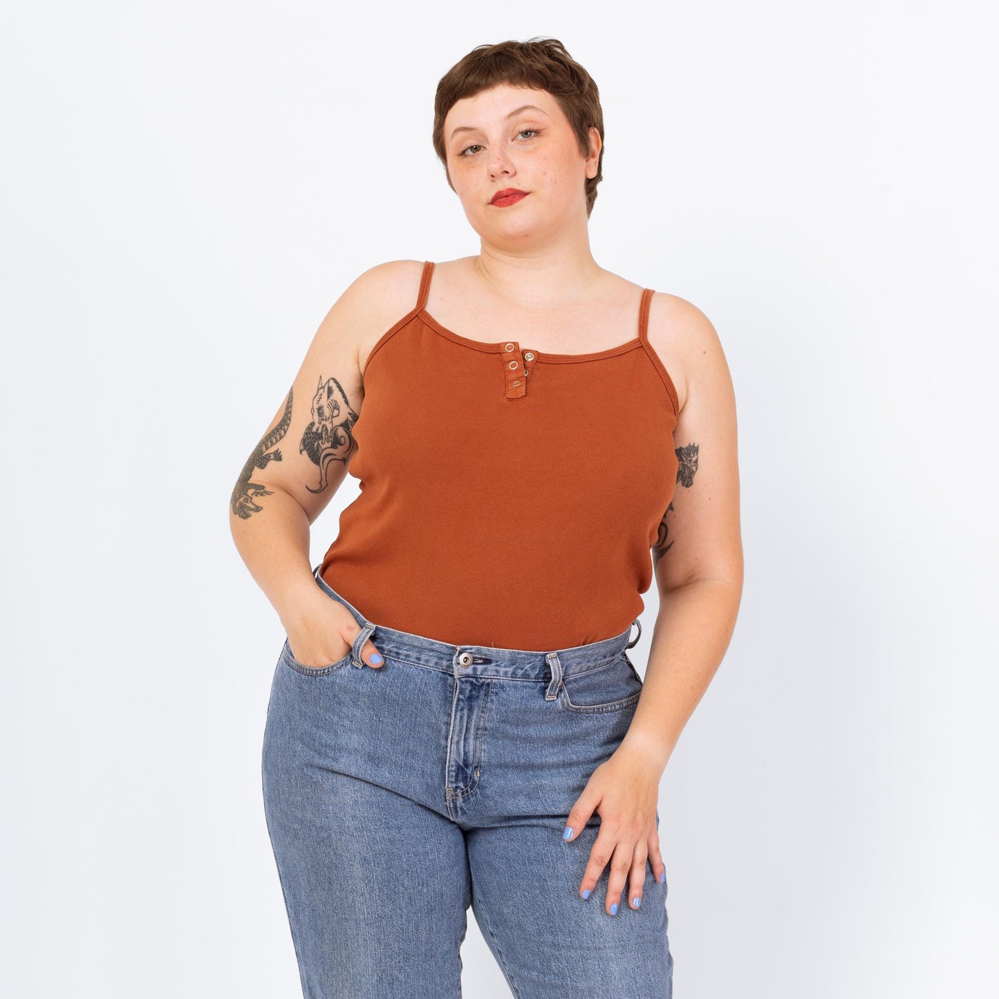Vintage 90s Rust Brown Henley Cami Tank - Extra Large | Cotton Sleeveless Spaghetti Strap Crop Top, Minimalist Layering Shirt