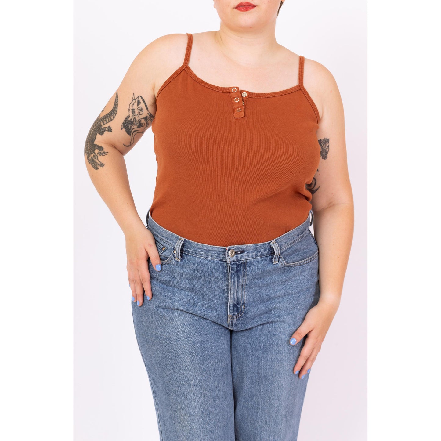 Vintage 90s Rust Brown Henley Cami Tank - Extra Large | Cotton Sleeveless Spaghetti Strap Crop Top, Minimalist Layering Shirt