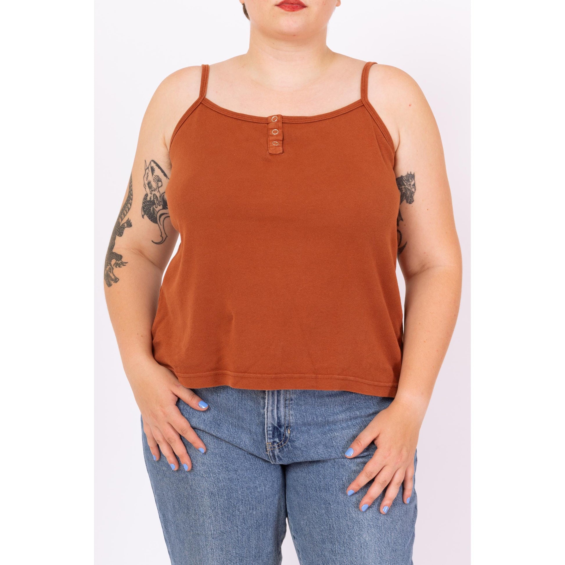 Vintage 90s Rust Brown Henley Cami Tank - Extra Large | Cotton Sleeveless Spaghetti Strap Crop Top, Minimalist Layering Shirt