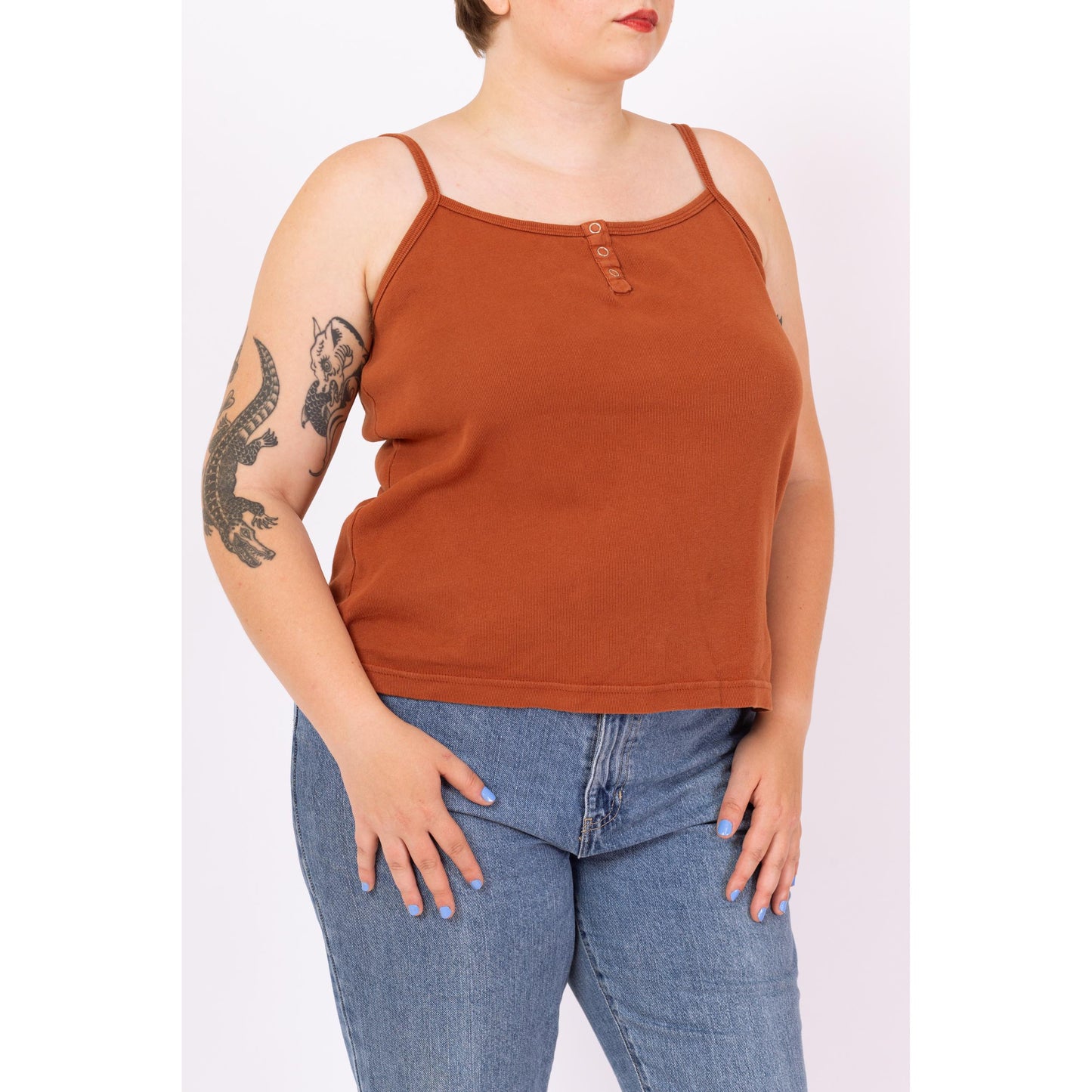 Vintage 90s Rust Brown Henley Cami Tank - Extra Large | Cotton Sleeveless Spaghetti Strap Crop Top, Minimalist Layering Shirt
