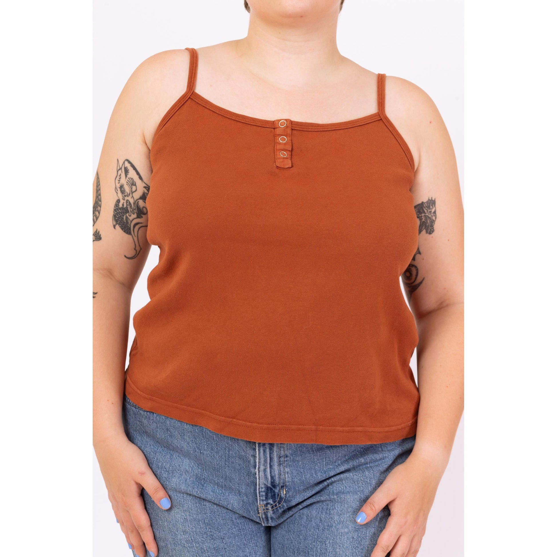Vintage 90s Rust Brown Henley Cami Tank - Extra Large | Cotton Sleeveless Spaghetti Strap Crop Top, Minimalist Layering Shirt