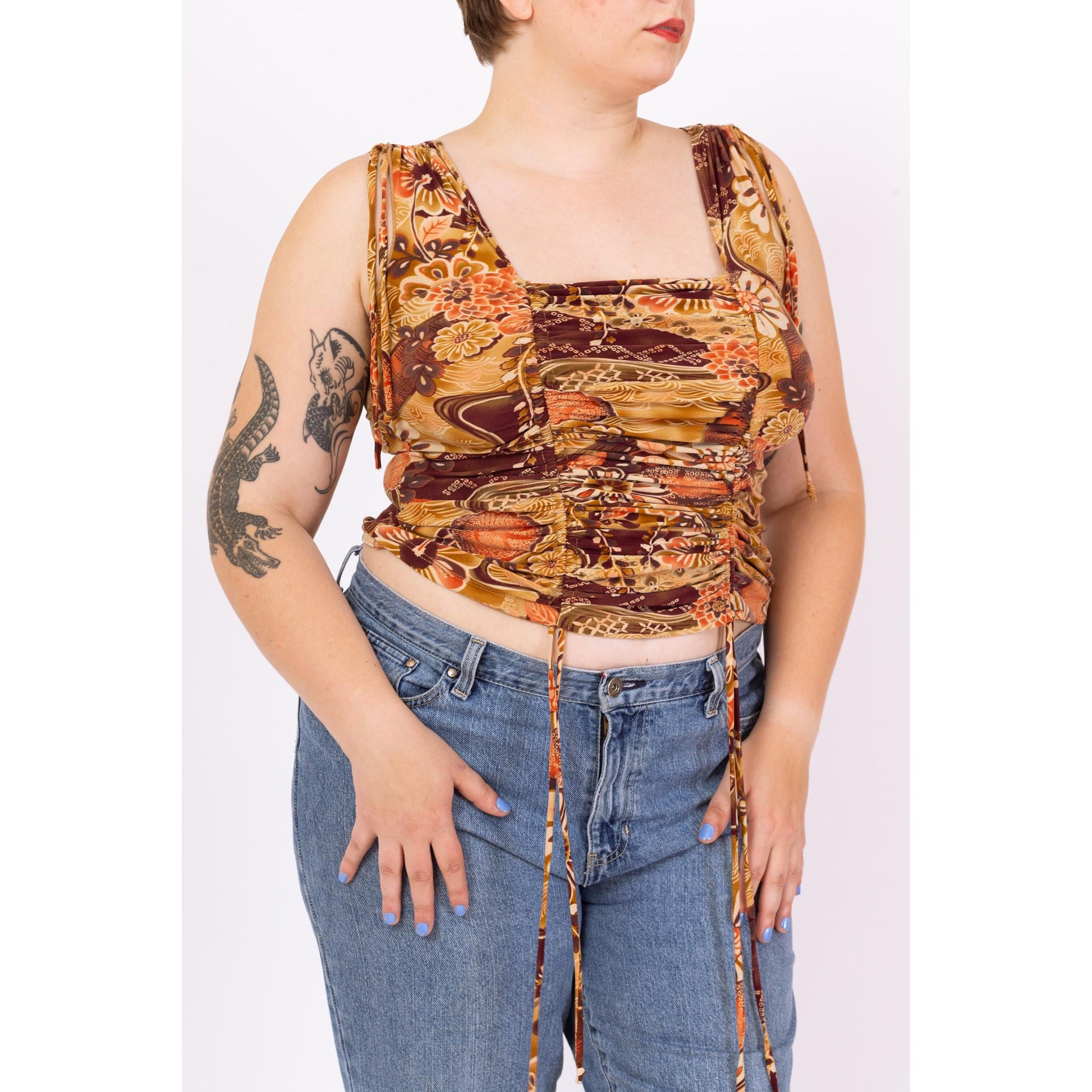 Vintage Y2K Floral Ruched Drawstring Crop Top - Large to XL | Boho 2000s Earth Tone Cropped Tank, Stretchy Square Neck Sleeveless Shirt