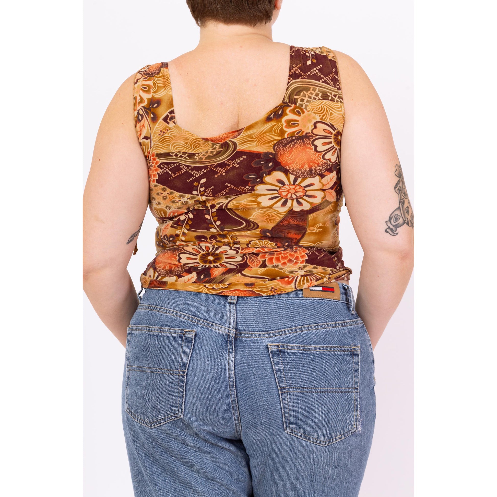 Vintage Y2K Floral Ruched Drawstring Crop Top - Large to XL | Boho 2000s Earth Tone Cropped Tank, Stretchy Square Neck Sleeveless Shirt