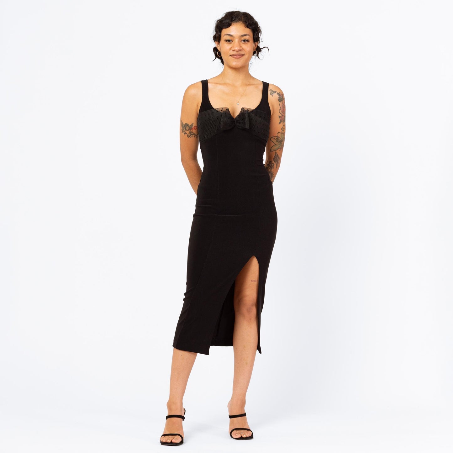 Vintage 90s Black Bodycon Pinup Bow Midi Dress - Extra Small | Sexy Sleeveless Cocktail Party Dress, Formal High Slit Evening Gown