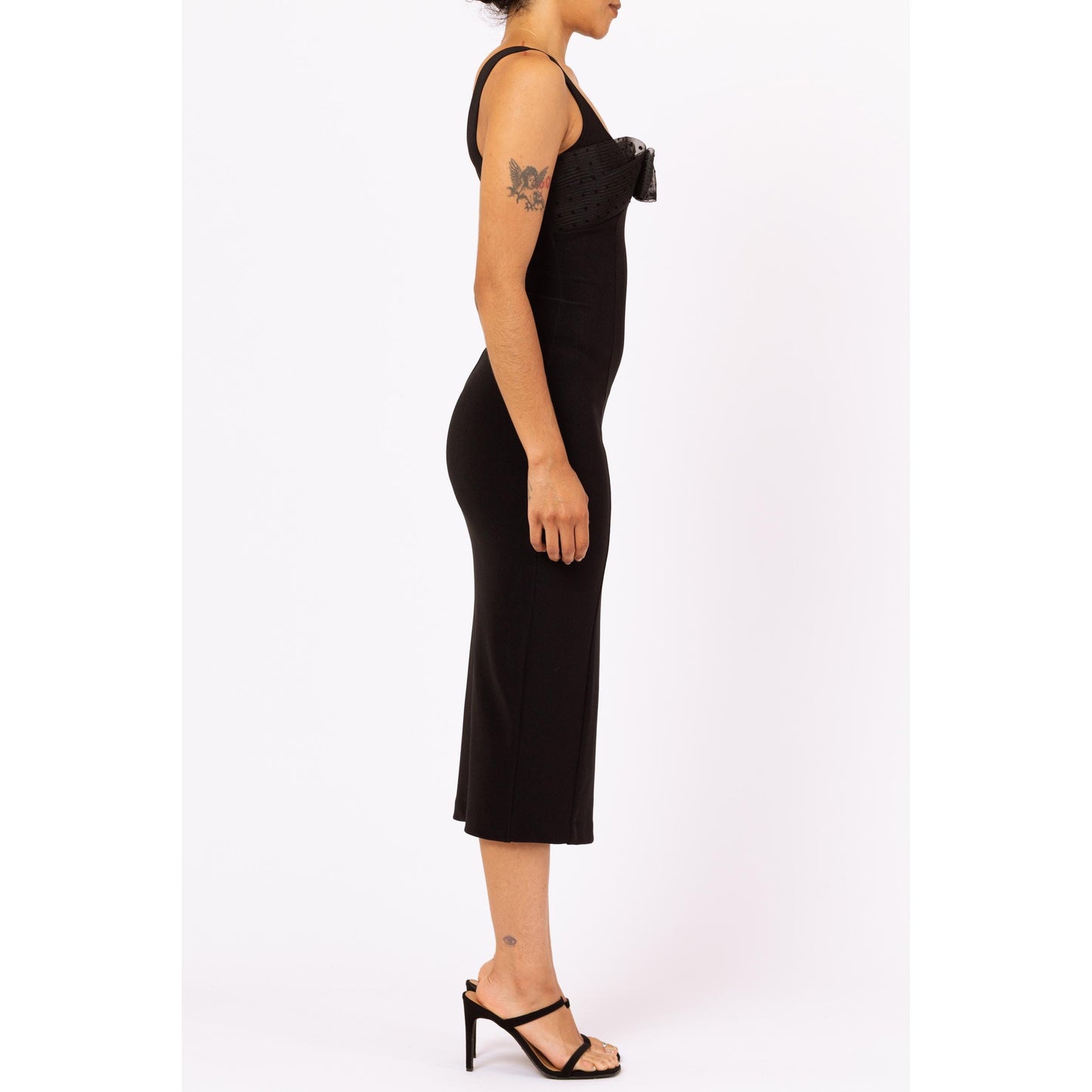 Vintage 90s Black Bodycon Pinup Bow Midi Dress - Extra Small | Sexy Sleeveless Cocktail Party Dress, Formal High Slit Evening Gown