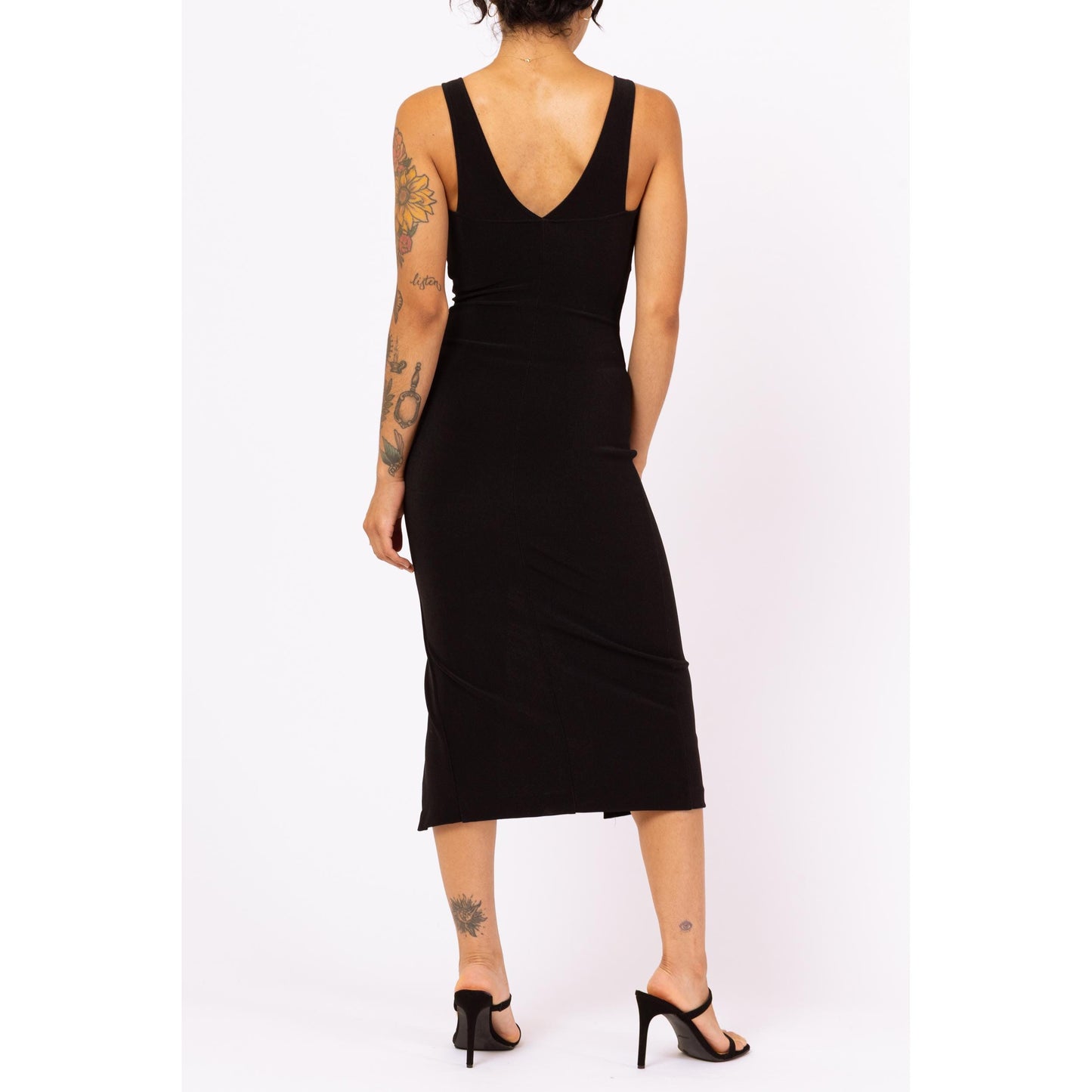 Vintage 90s Black Bodycon Pinup Bow Midi Dress - Extra Small | Sexy Sleeveless Cocktail Party Dress, Formal High Slit Evening Gown