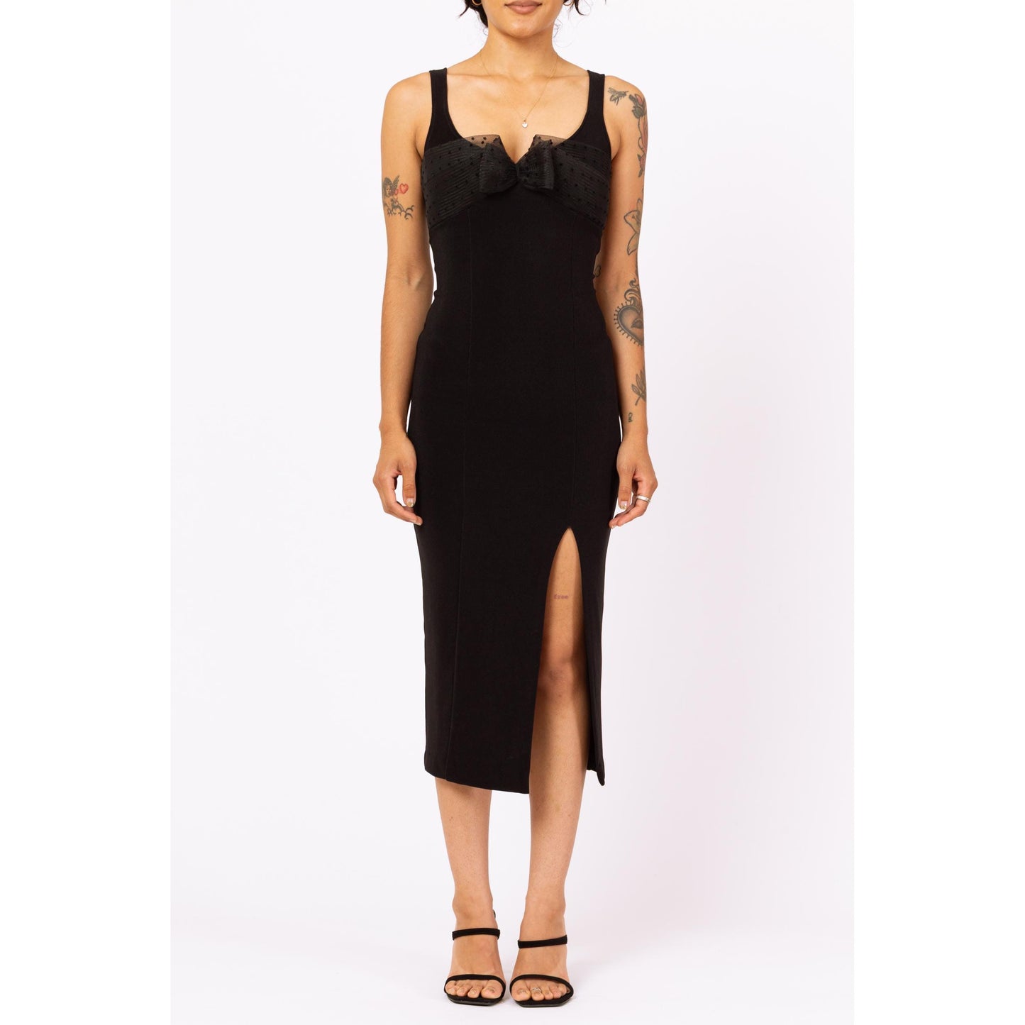 Vintage 90s Black Bodycon Pinup Bow Midi Dress - Extra Small | Sexy Sleeveless Cocktail Party Dress, Formal High Slit Evening Gown