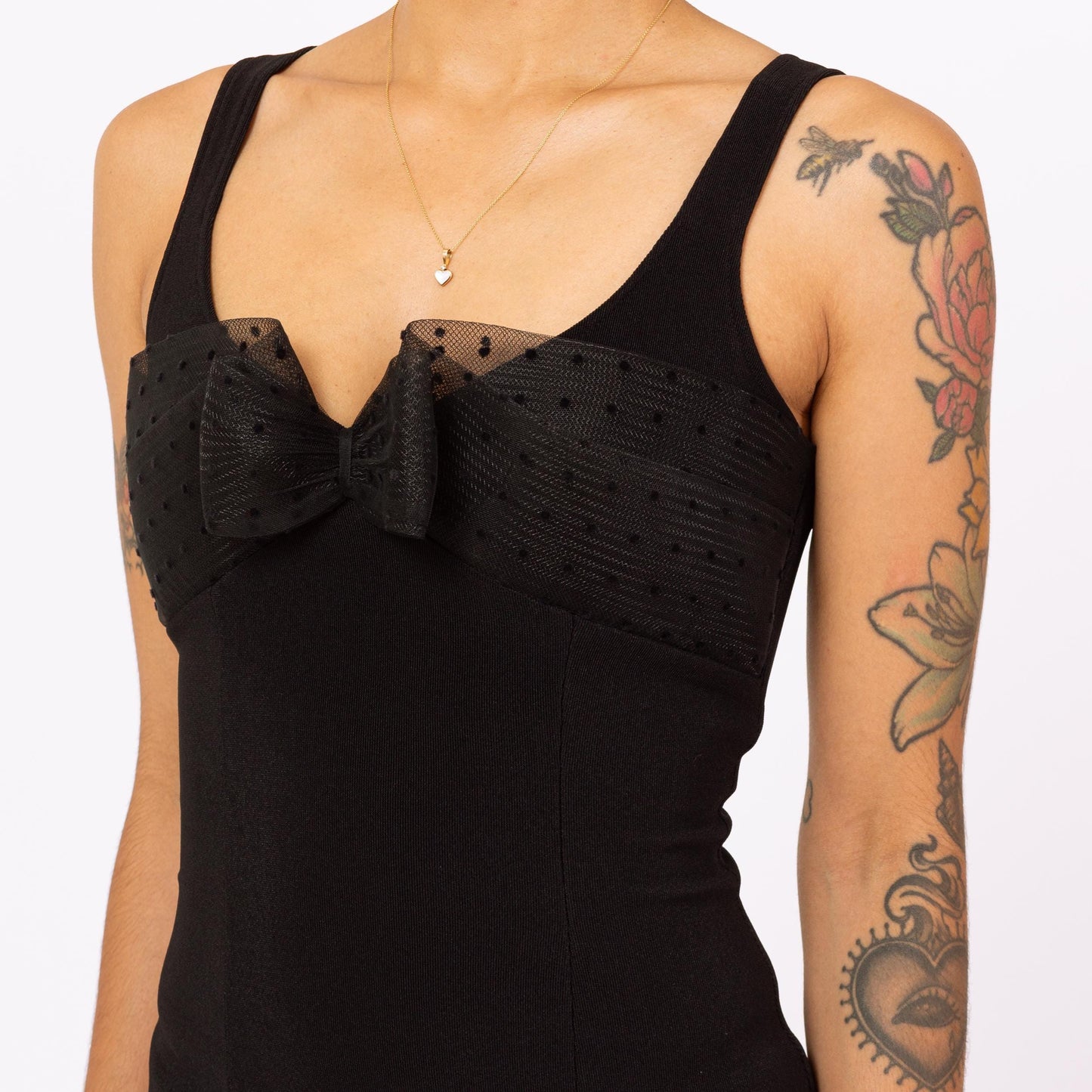 Vintage 90s Black Bodycon Pinup Bow Midi Dress - Extra Small | Sexy Sleeveless Cocktail Party Dress, Formal High Slit Evening Gown