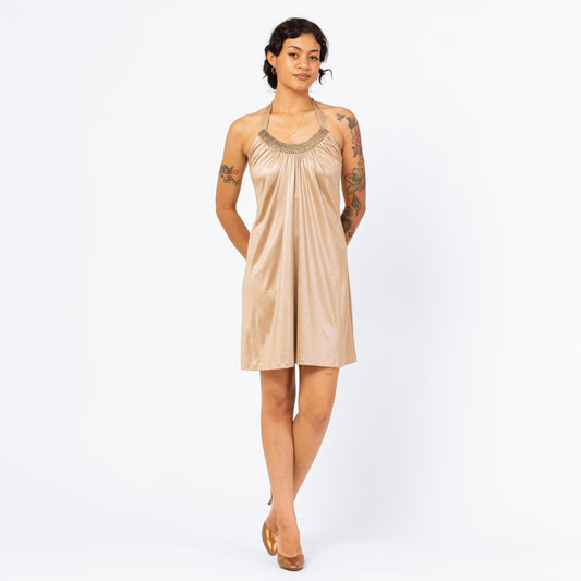 Vintage Y2K Cache Liquid Gold Rhinestone Mini Dress - Small | 2000s Satin Halter Neck Slip Party Dress