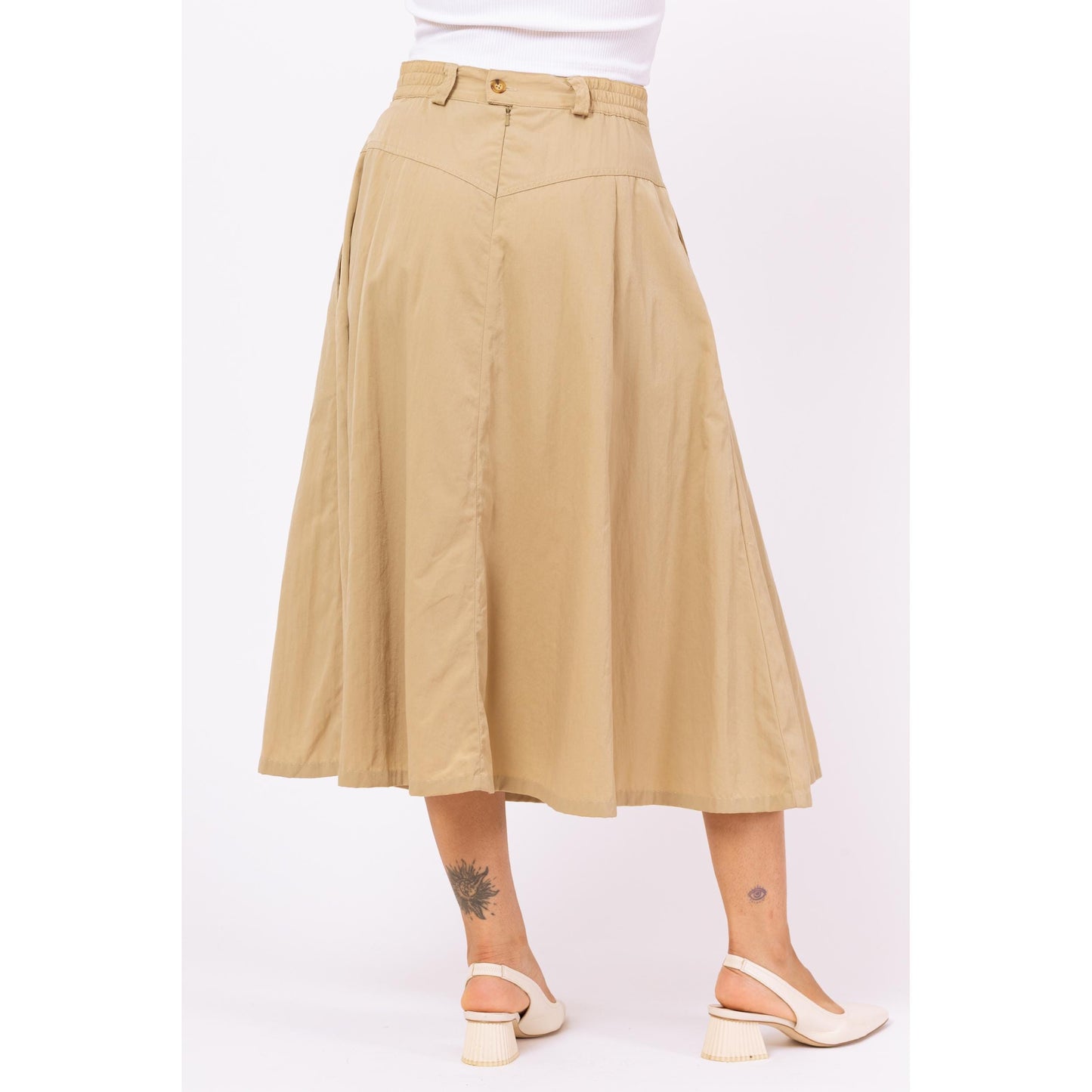 Vintage 90s Khaki Yoked Waist Safari Midi Skirt - Small to Medium, 27"-28" Waist | A-Line Tan High Waisted Western Skirt With Pockets