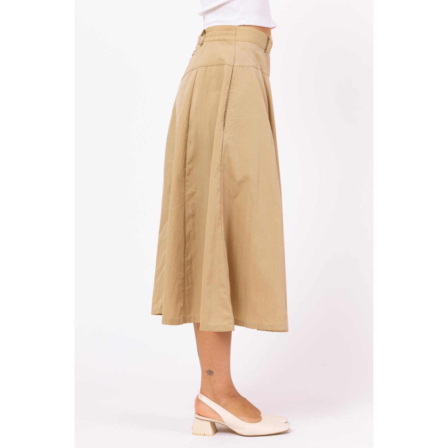 Vintage 90s Khaki Yoked Waist Safari Midi Skirt - Small to Medium, 27"-28" Waist | A-Line Tan High Waisted Western Skirt With Pockets
