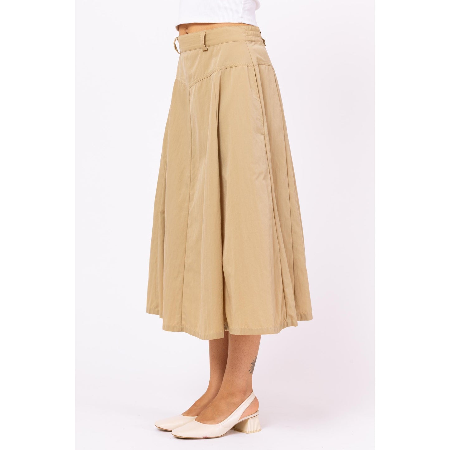 Vintage 90s Khaki Yoked Waist Safari Midi Skirt - Small to Medium, 27"-28" Waist | A-Line Tan High Waisted Western Skirt With Pockets