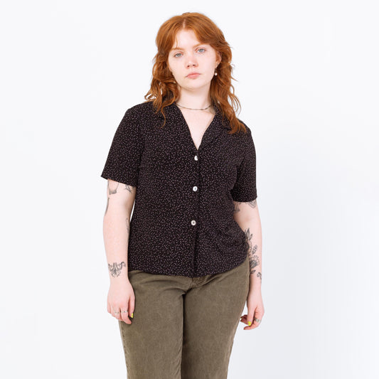 Vintage 90s Dash Print Double Button Shirt - Large | Slinky Black Short Sleeve Collared Back Placket Blouse