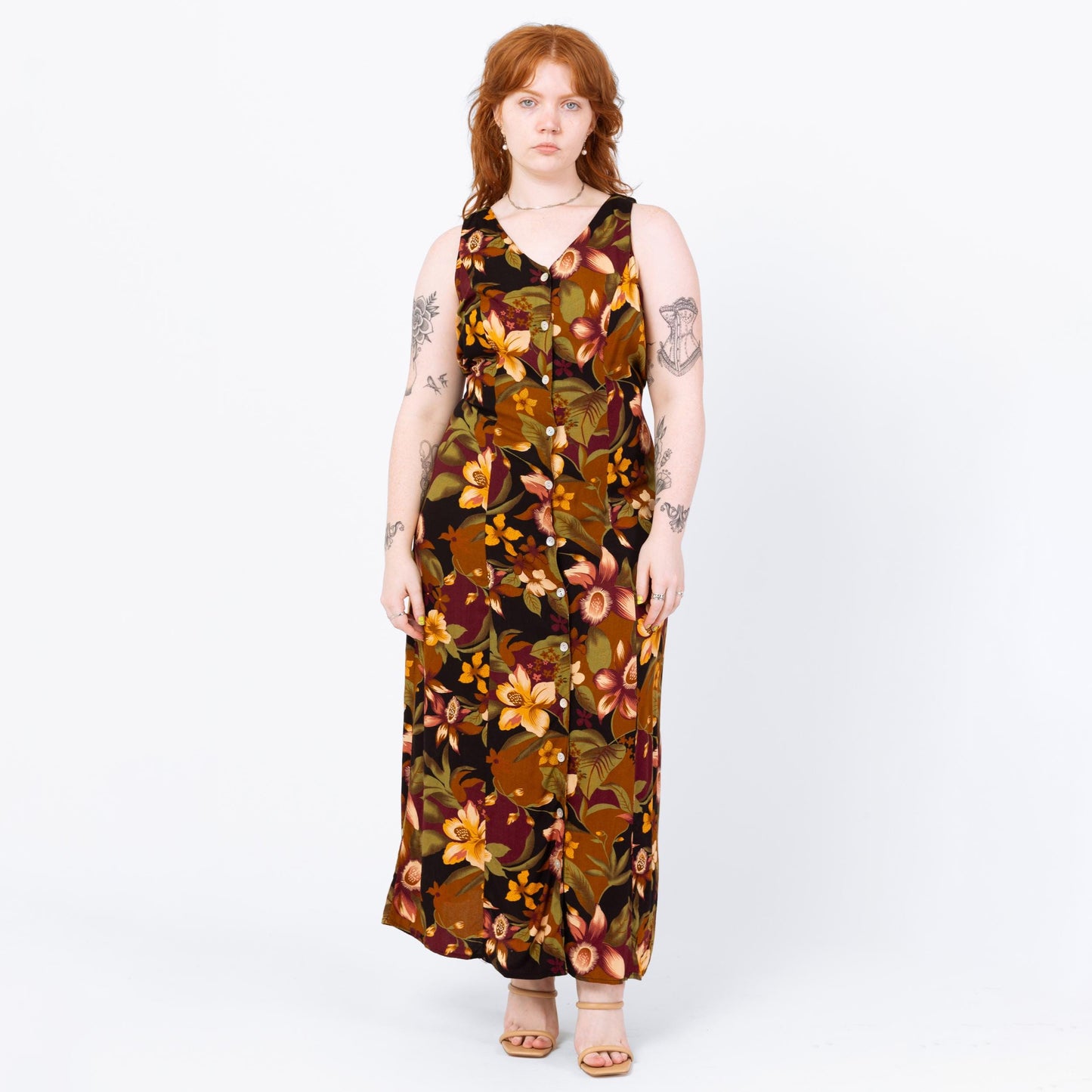 Vintage 80s Tropical Floral Beaded Keyhole Back Sundress - Large | Boho Sleeveless Summer Maxi Dress, Earth Tone Print Rayon Dress