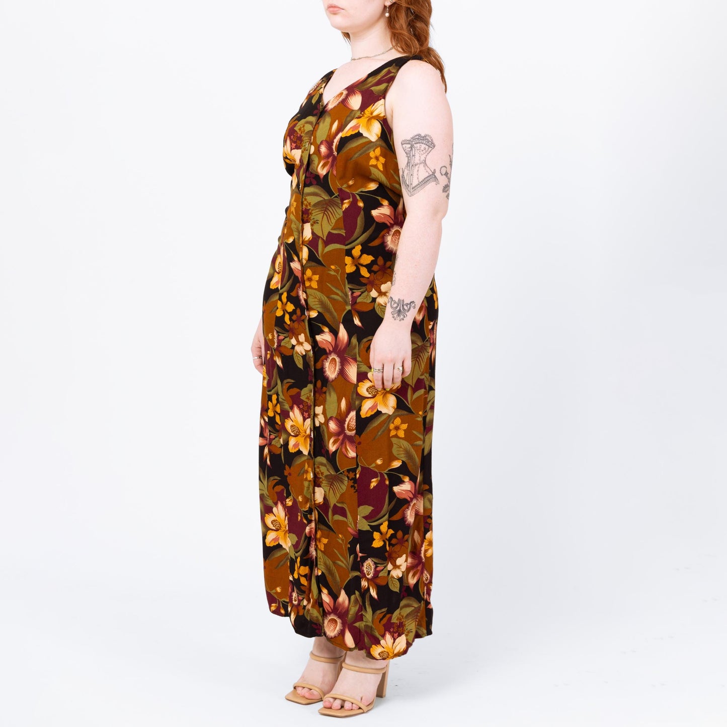 Vintage 80s Tropical Floral Beaded Keyhole Back Sundress - Large | Boho Sleeveless Summer Maxi Dress, Earth Tone Print Rayon Dress