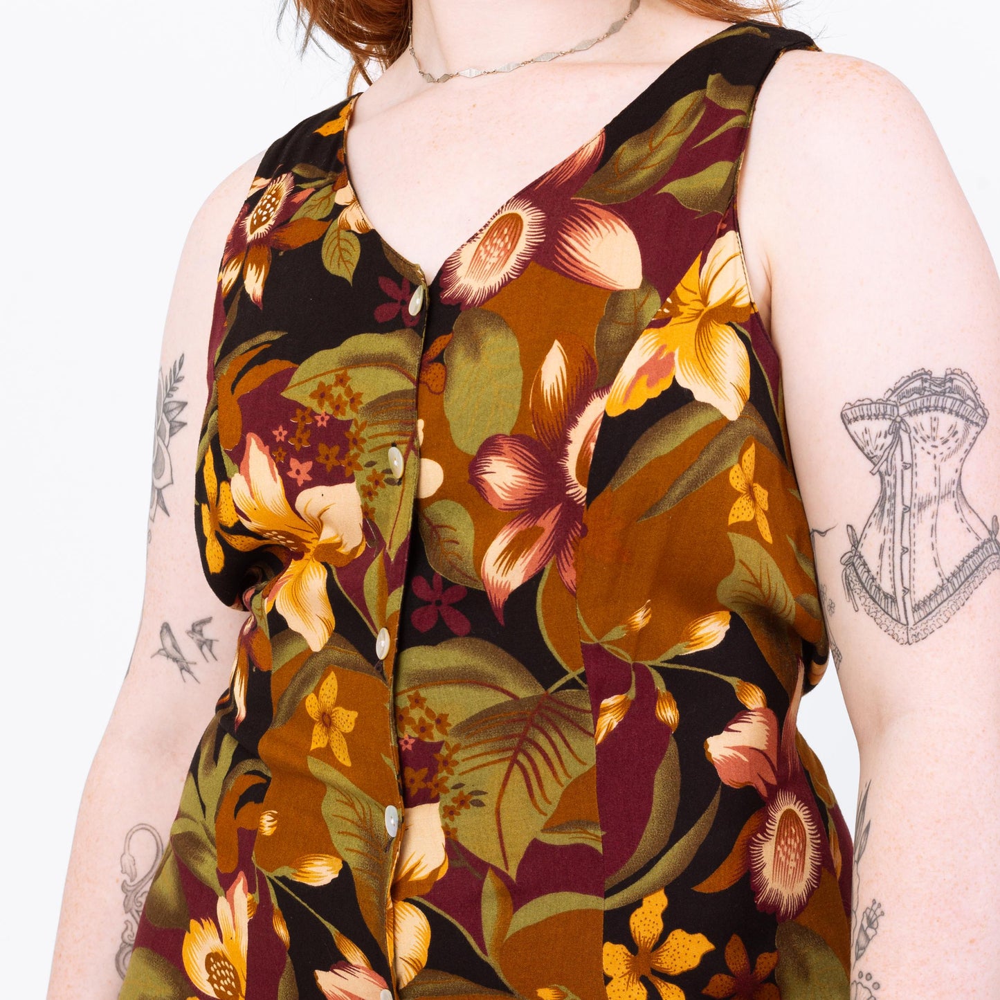 Vintage 80s Tropical Floral Beaded Keyhole Back Sundress - Large | Boho Sleeveless Summer Maxi Dress, Earth Tone Print Rayon Dress