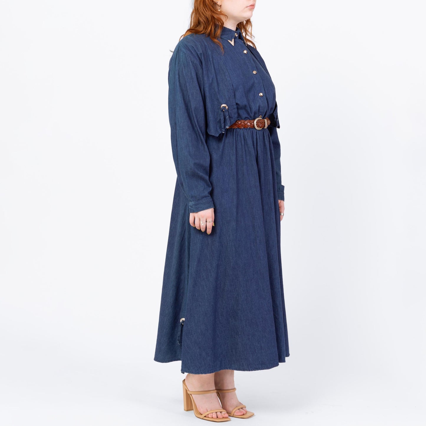 Vintage 80s Western Chambray Concho Maxi Dress - Medium to Large | Sassa Retro Rockabilly Long Sleeve Denim Shirtdress