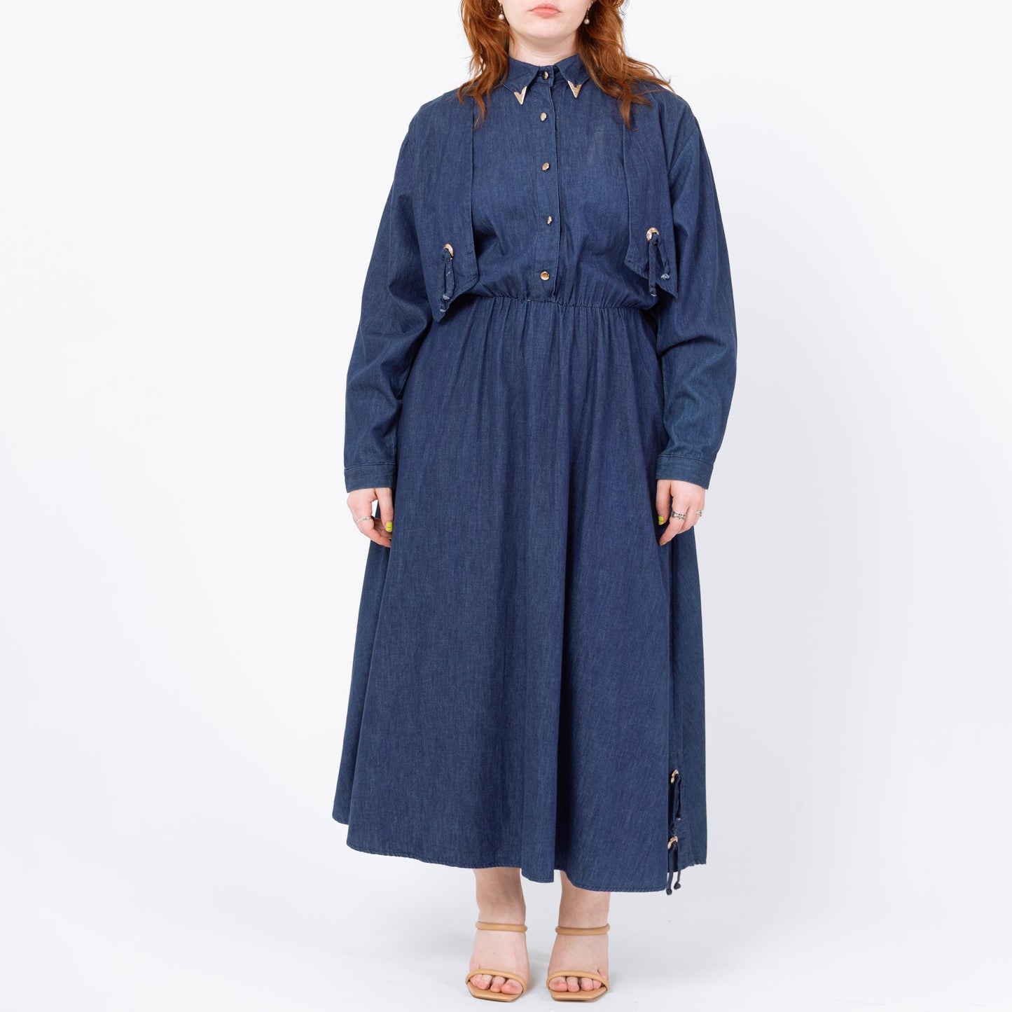 Vintage 80s Western Chambray Concho Maxi Dress - Medium to Large | Sassa Retro Rockabilly Long Sleeve Denim Shirtdress