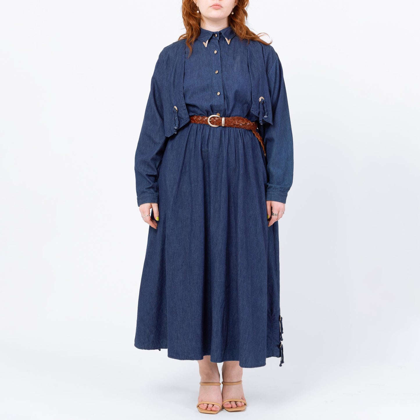 Vintage 80s Western Chambray Concho Maxi Dress - Medium to Large | Sassa Retro Rockabilly Long Sleeve Denim Shirtdress