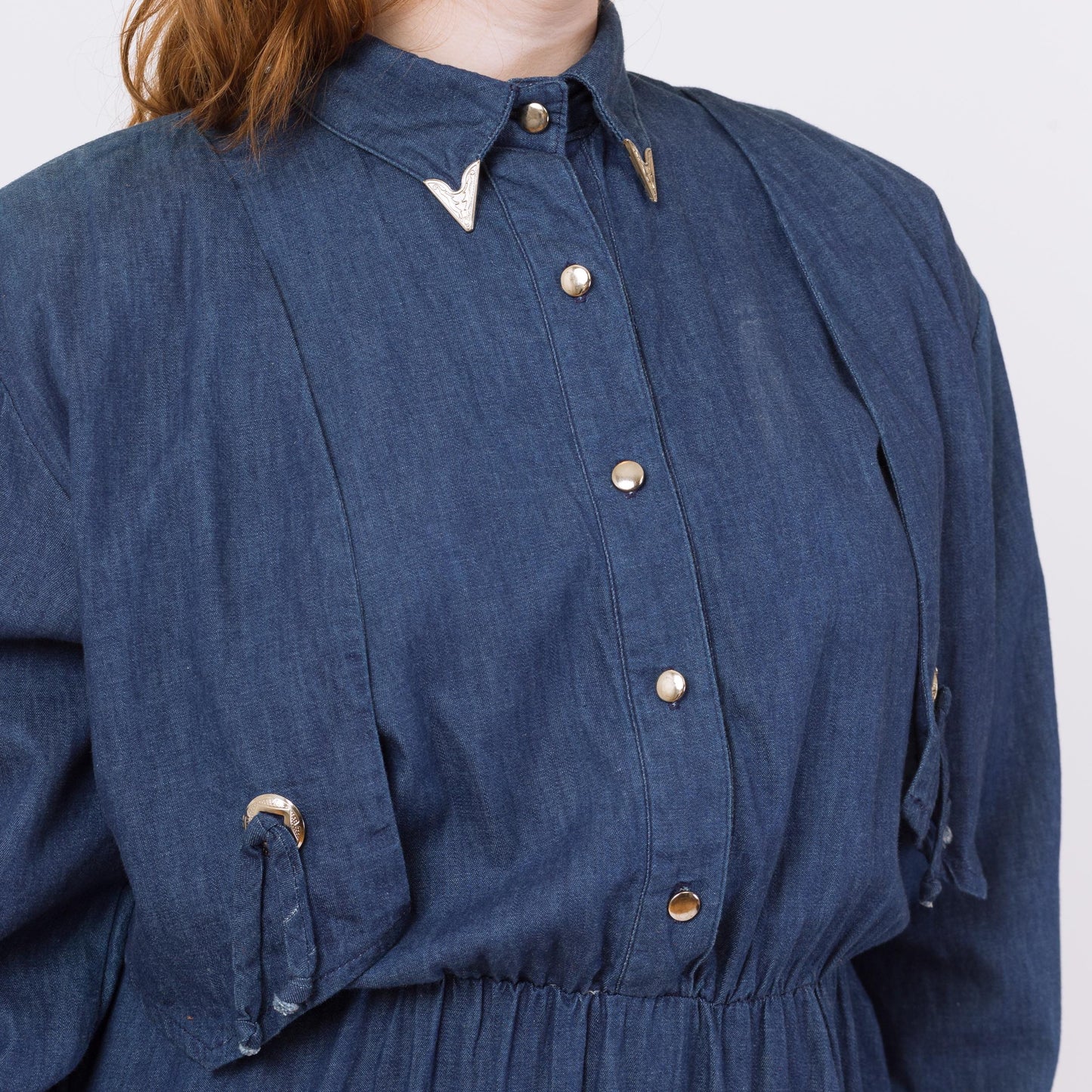 Vintage 80s Western Chambray Concho Maxi Dress - Medium to Large | Sassa Retro Rockabilly Long Sleeve Denim Shirtdress