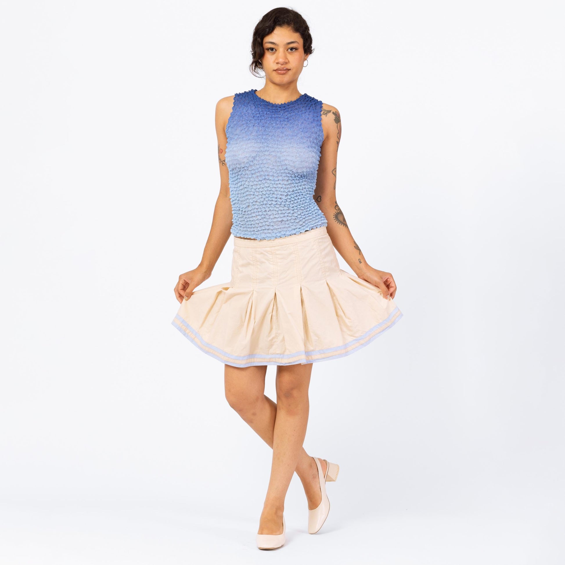 Vintage 90s Y2K Pleated Mini Parachute Skirt - Medium | Mid Rise Khaki Striped Trim Schoolgirl Miniskirt