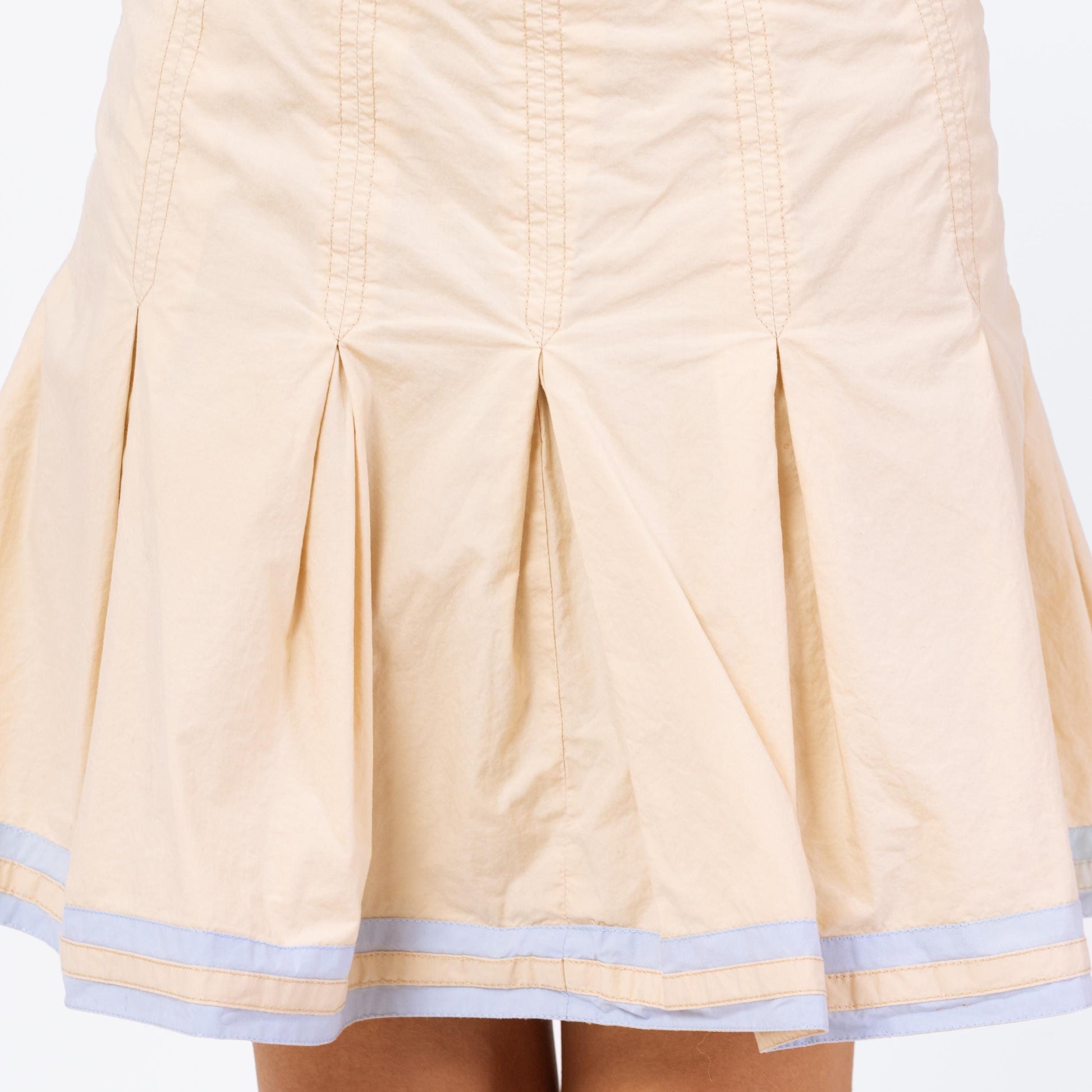 Vintage 90s Y2K Pleated Mini Parachute Skirt - Medium | Mid Rise Khaki Striped Trim Schoolgirl Miniskirt