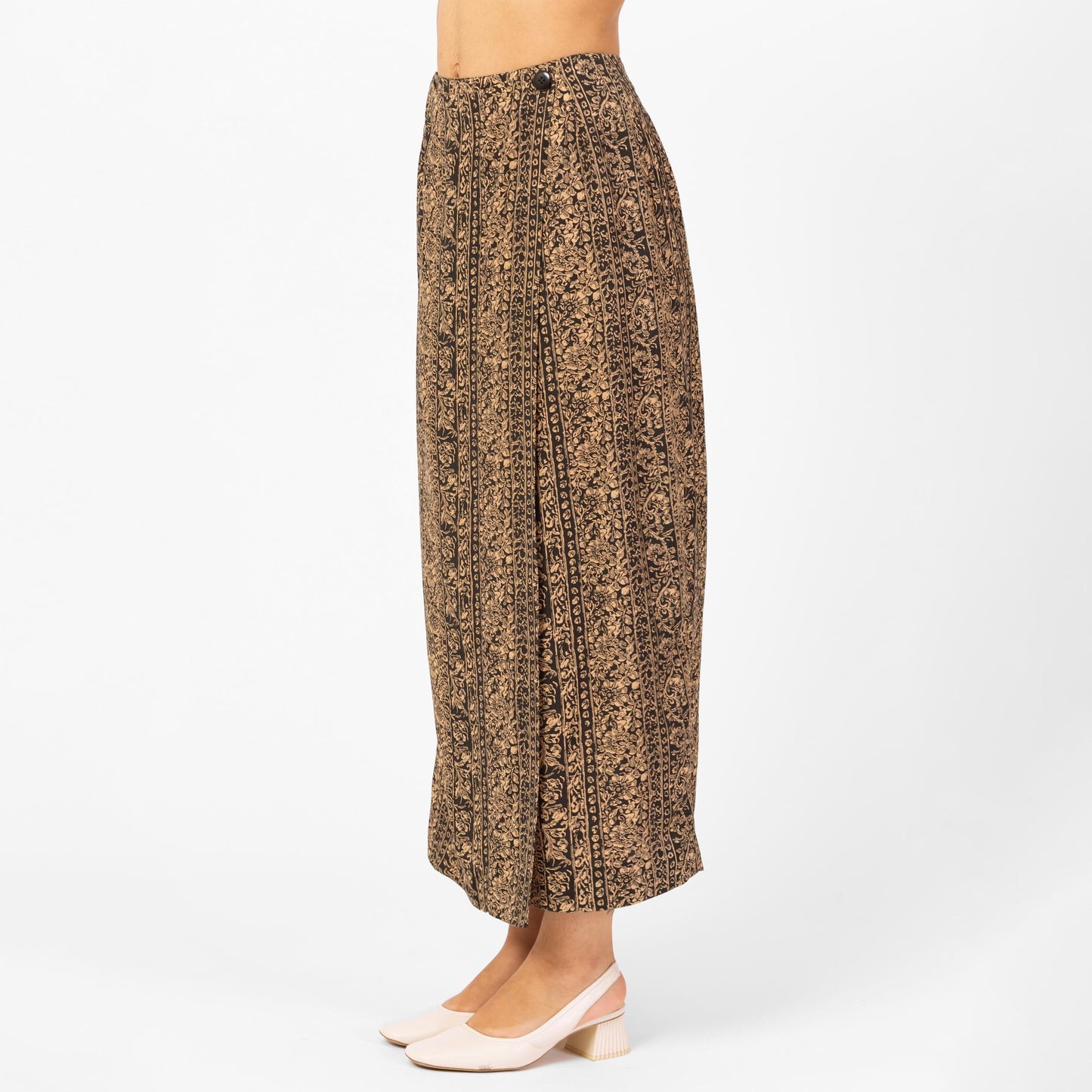 Vintage 90s French Connection Floral Maxi Wrap Skirt - Small, 26" Waist | Boho High Waisted Blue Tan Long Summer Skirt