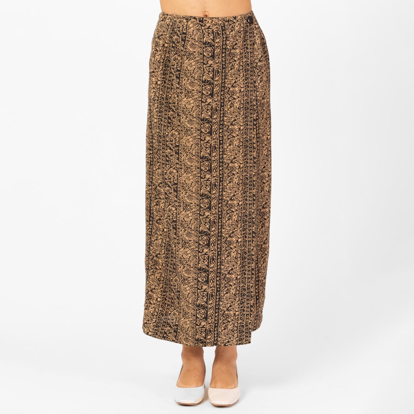 Vintage 90s French Connection Floral Maxi Wrap Skirt - Small, 26" Waist | Boho High Waisted Blue Tan Long Summer Skirt
