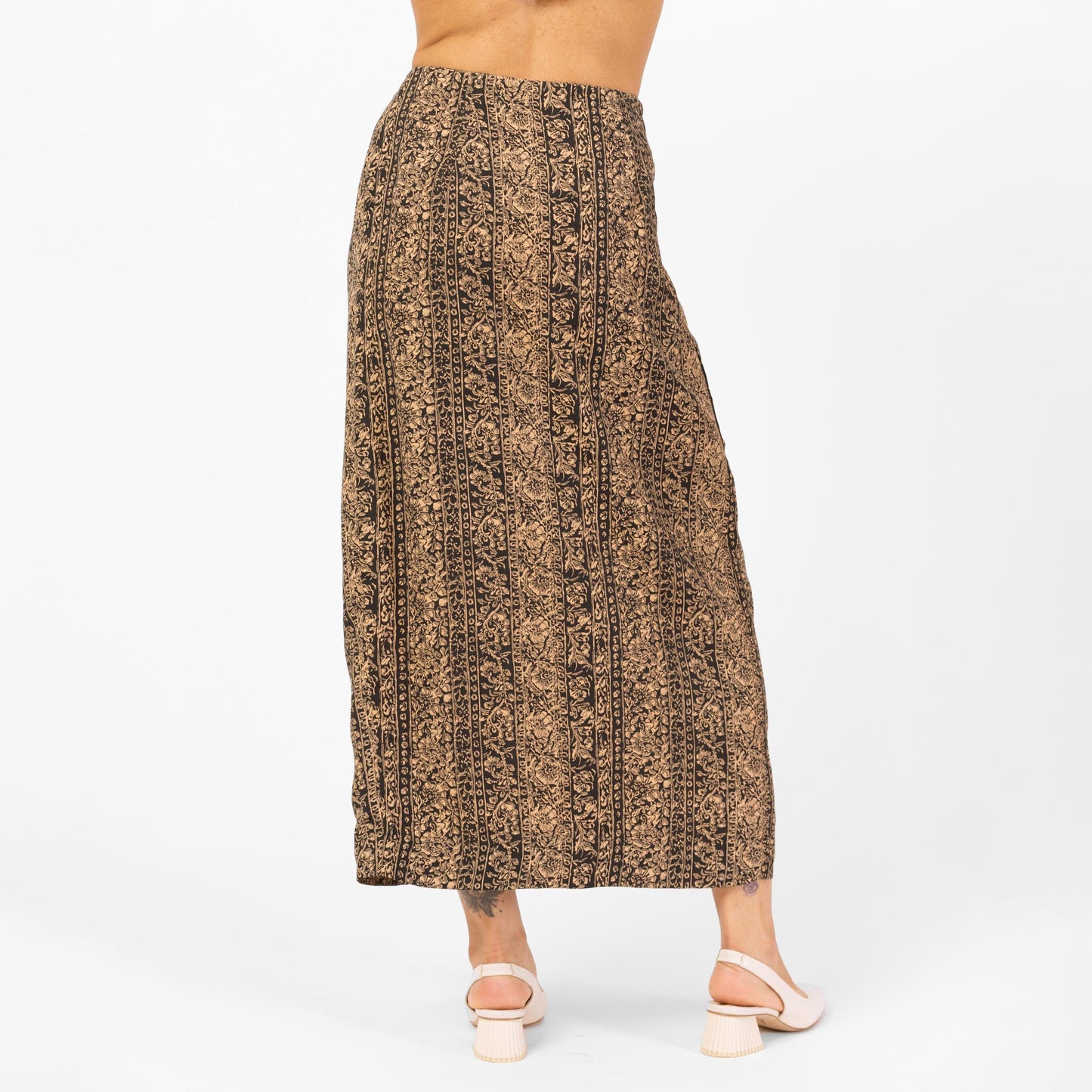 Vintage 90s French Connection Floral Maxi Wrap Skirt - Small, 26" Waist | Boho High Waisted Blue Tan Long Summer Skirt