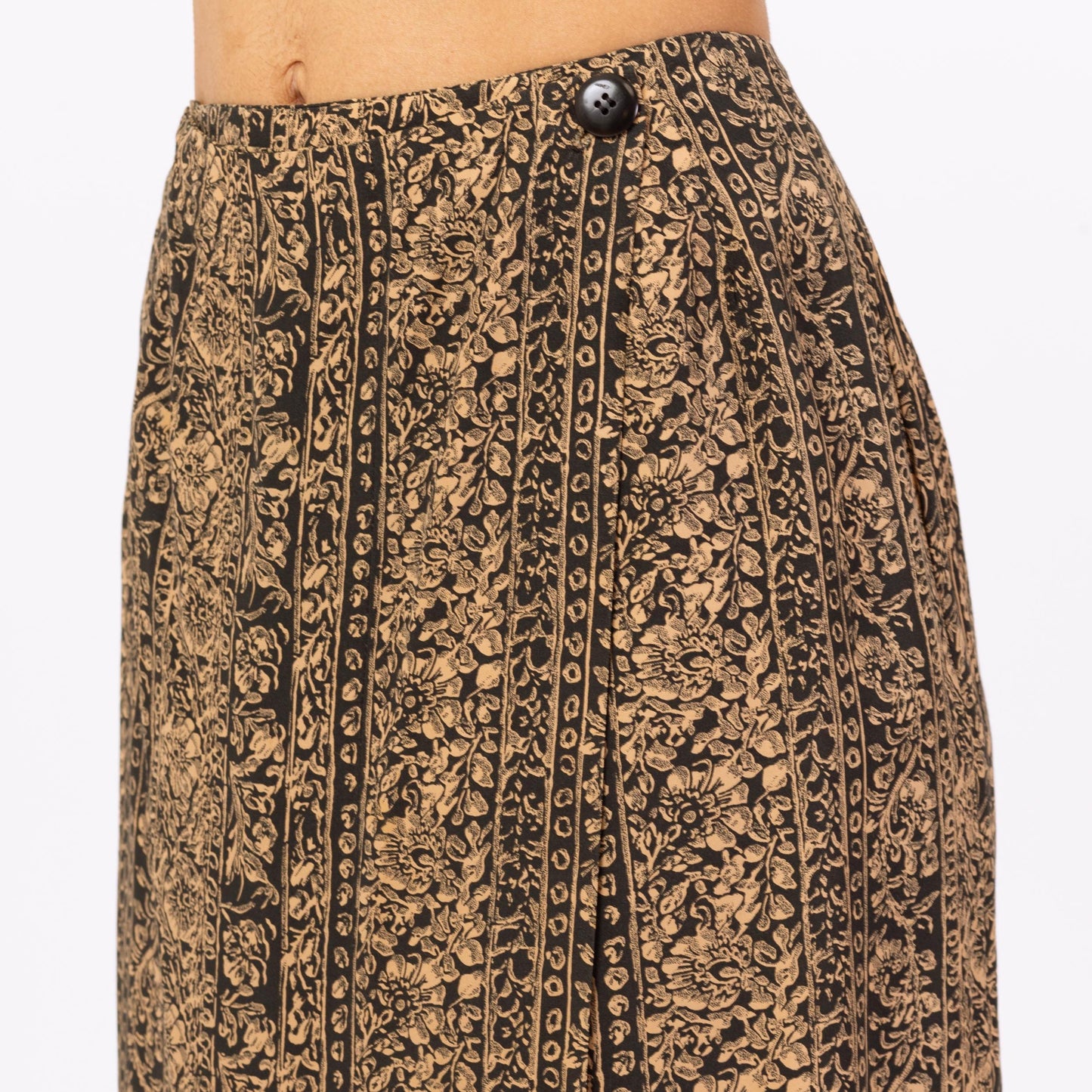 Vintage 90s French Connection Floral Maxi Wrap Skirt - Small, 26" Waist | Boho High Waisted Blue Tan Long Summer Skirt