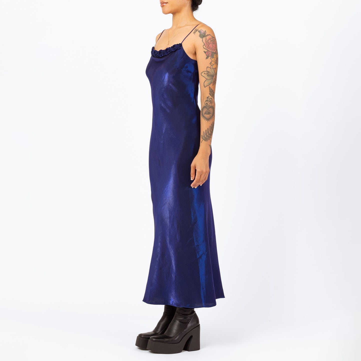Vintage 90s Royal Blue Satin Rosette Maxi Slip Dress - Small to Medium | Bias Cut Formal Evening Gown, Spaghetti Strap Wedding Guest Look