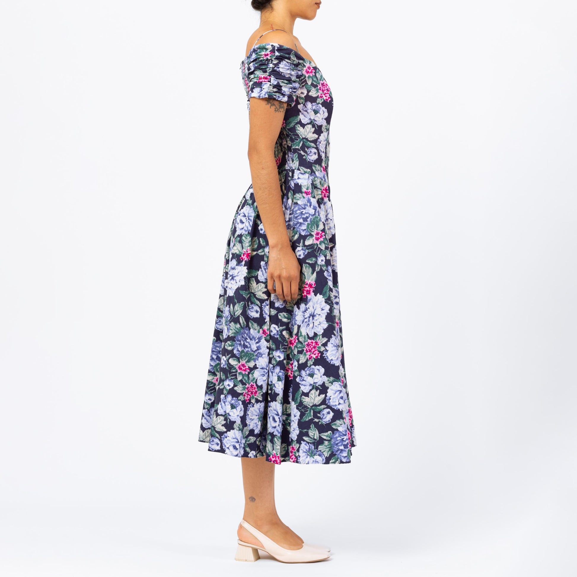 Vintage 80s Blue Floral Off-Shoulder Fit & Flare Midi Dress - Small to Medium | Boho Basque Waist Cottagecore Garden Party Dress