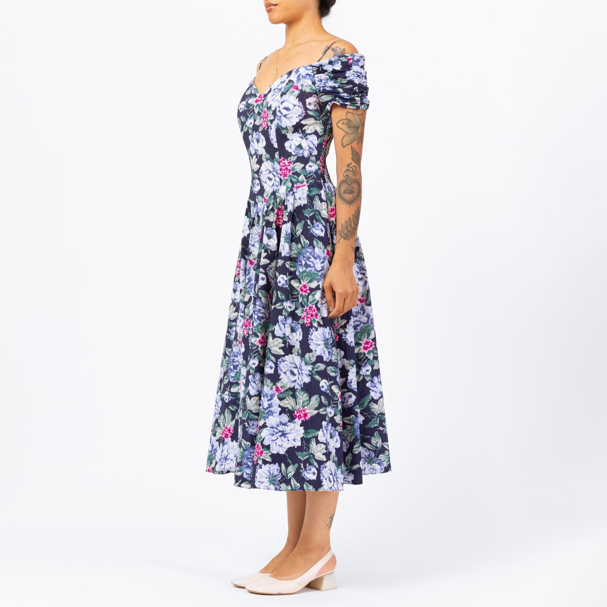 Vintage 80s Blue Floral Off-Shoulder Fit & Flare Midi Dress - Small to Medium | Boho Basque Waist Cottagecore Garden Party Dress
