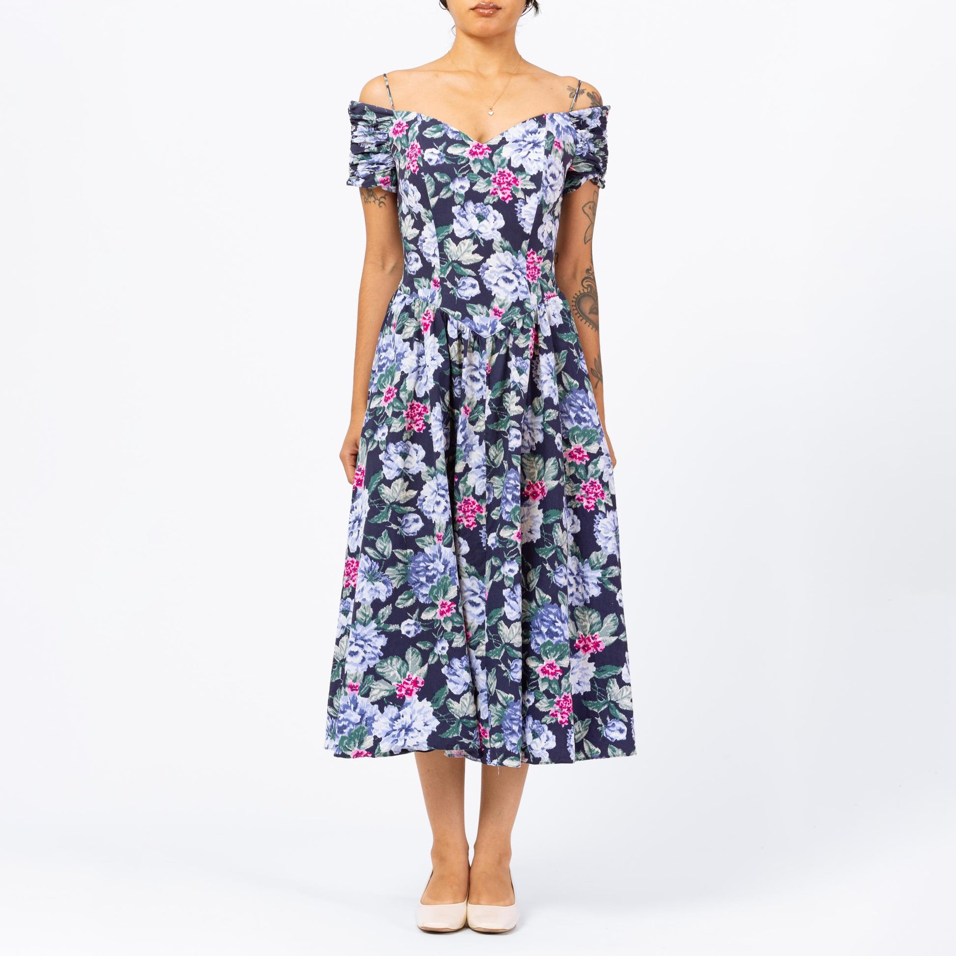 Vintage 80s Blue Floral Off-Shoulder Fit & Flare Midi Dress - Small to Medium | Boho Basque Waist Cottagecore Garden Party Dress