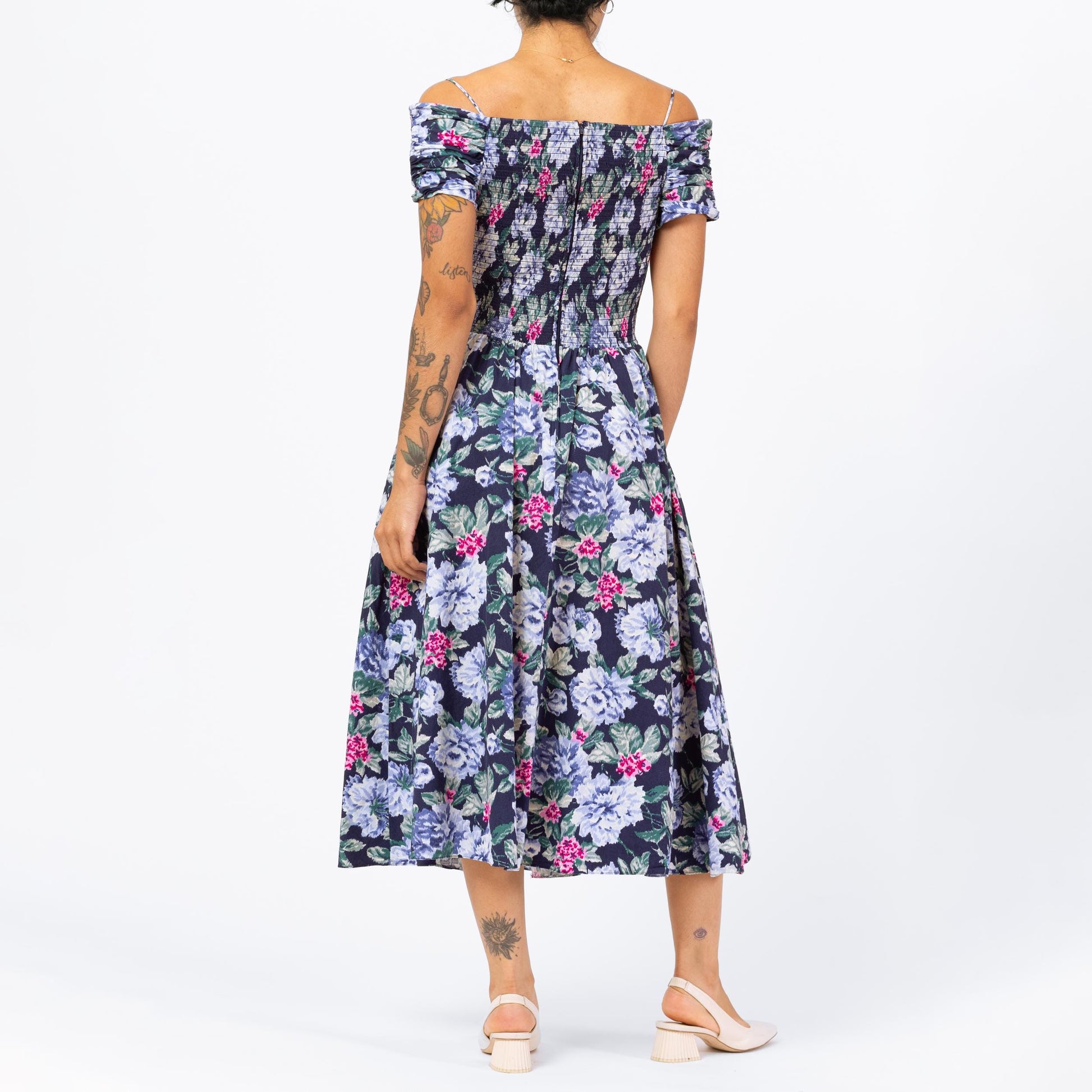 Vintage 80s Blue Floral Off-Shoulder Fit & Flare Midi Dress - Small to Medium | Boho Basque Waist Cottagecore Garden Party Dress