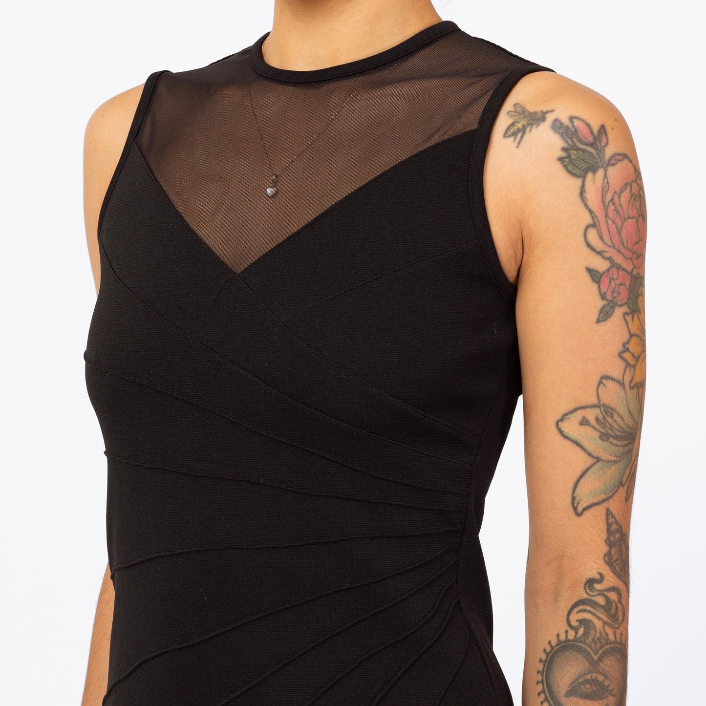 Vintage 90s Gothic Black Sheer Panel Maxi Dress - Small | Mesh Hem Sleeveless Sexy Bodycon Bandage Party Dress