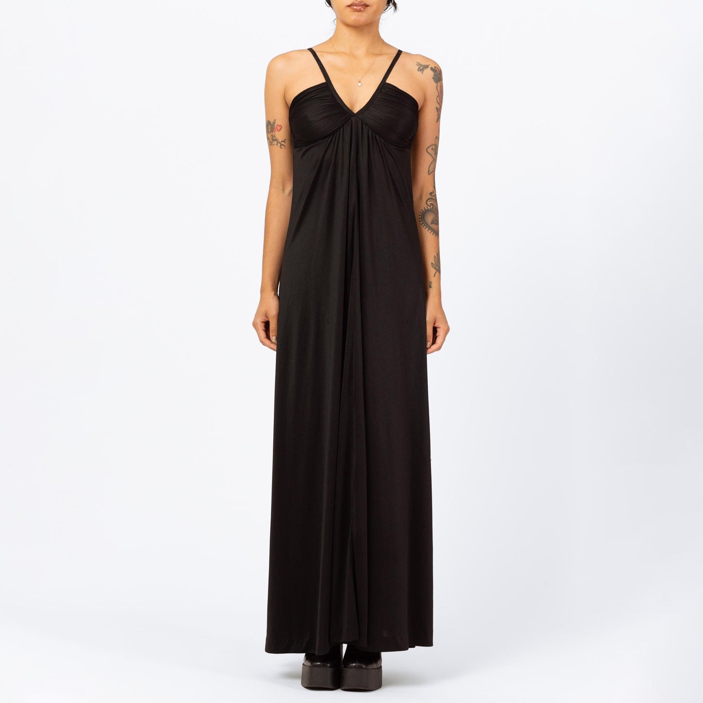 Vintage 70s Black V-Neck Disco Maxi Dress - Extra Small | Minimalist Sleeveless A Line Evening Gown, Spaghetti Strap Formal Party Dress