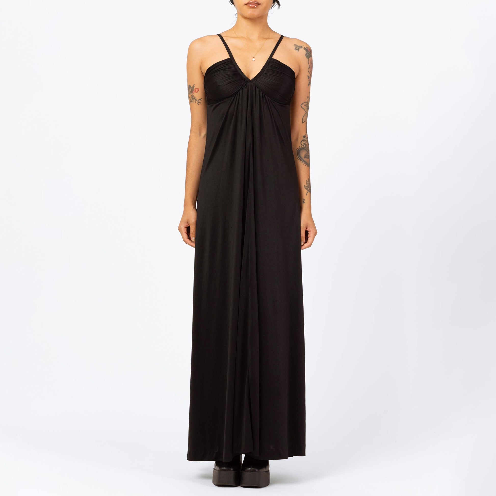 Vintage 70s Black V-Neck Disco Maxi Dress - Extra Small | Minimalist Sleeveless A Line Evening Gown, Spaghetti Strap Formal Party Dress