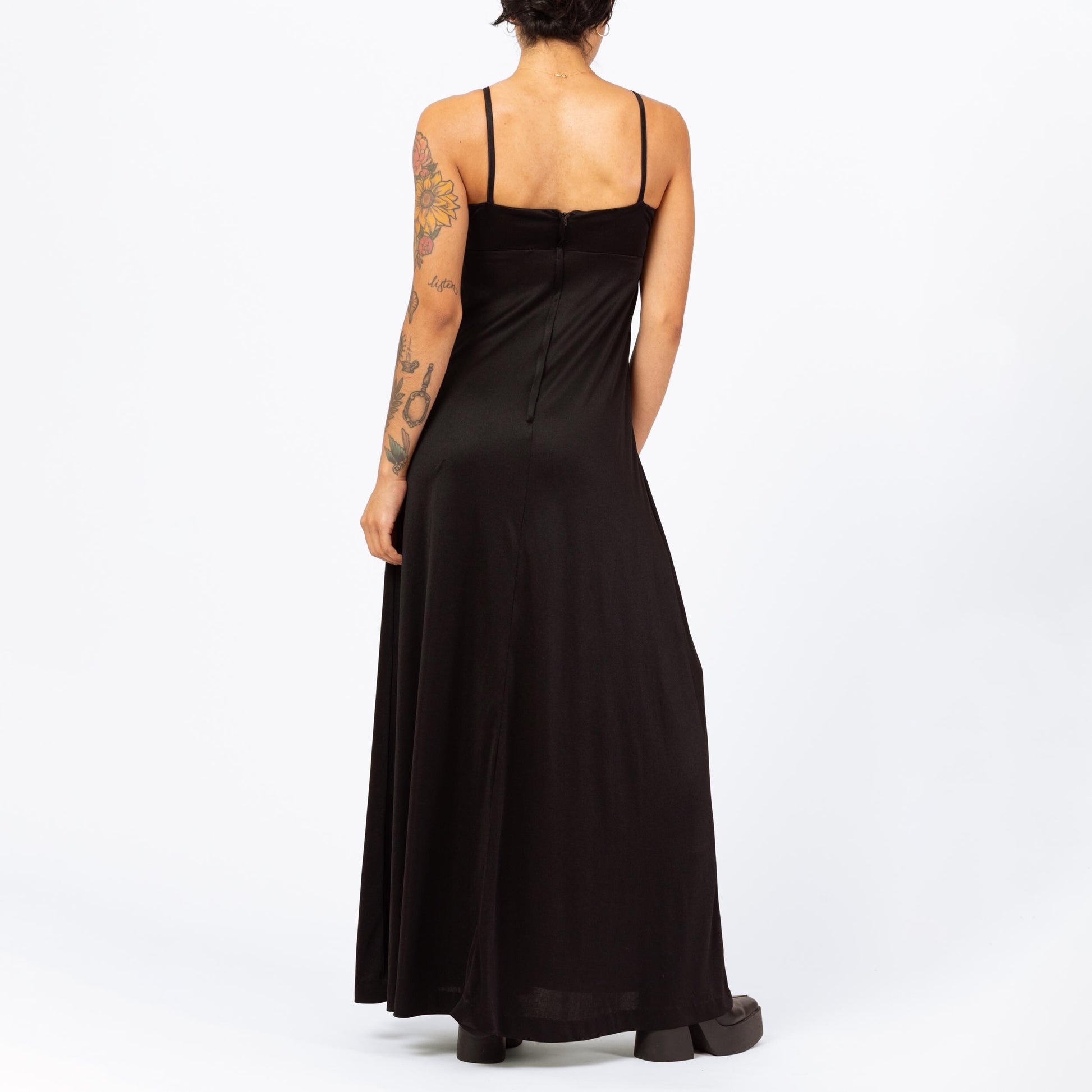Vintage 70s Black V-Neck Disco Maxi Dress - Extra Small | Minimalist Sleeveless A Line Evening Gown, Spaghetti Strap Formal Party Dress