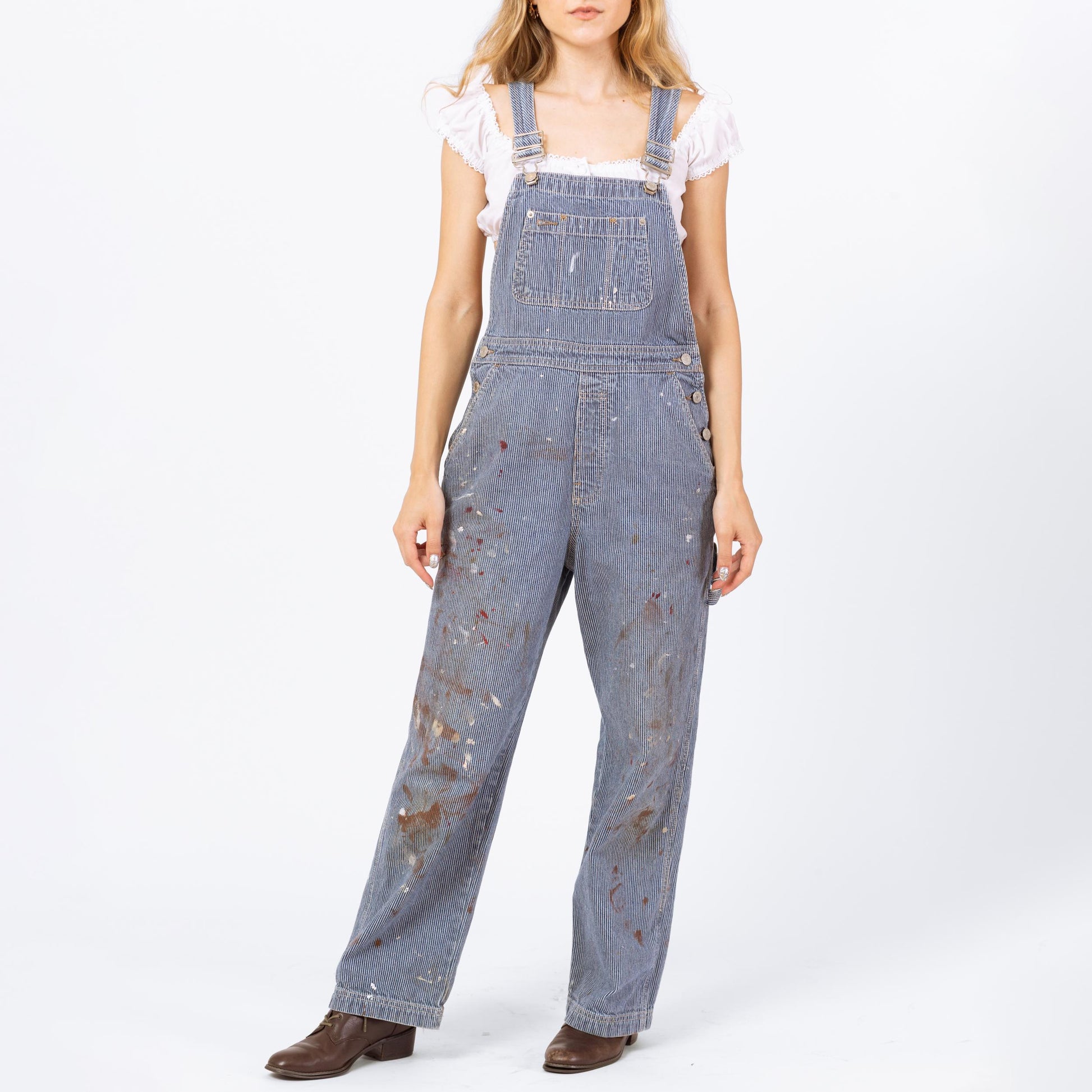 Vintage 90s Hickory Striped Paint Splattered Overalls - XS to Small | Gap Railroad Pinstripe Distressed Blue Jean Denim Women's Overall