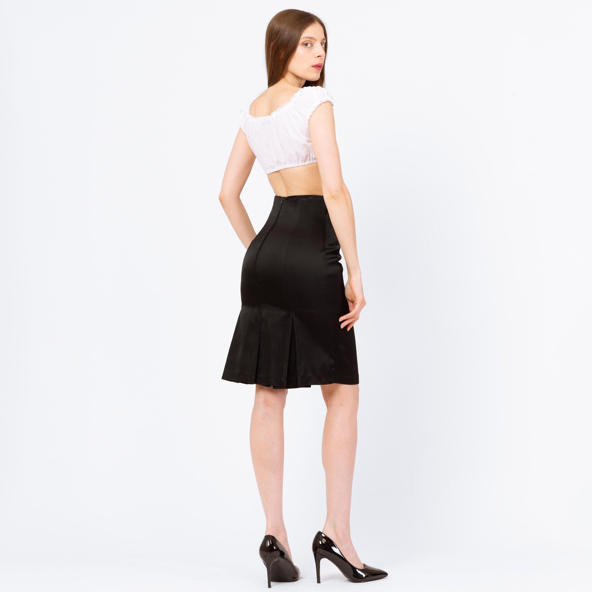 Vintage 80s Patrick Kelly Black Satin Trumpet Hem Pencil Skirt - Extra Small, 25" Waist | Designer High Waisted Femme Tuxedo Mini Skirt