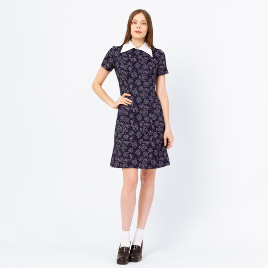 Vintage 60s Mod Gothic Floral Mini Dress - Small | Navy Blue Contrast Collar Short Sleeve A Line Schoolgirl Dress