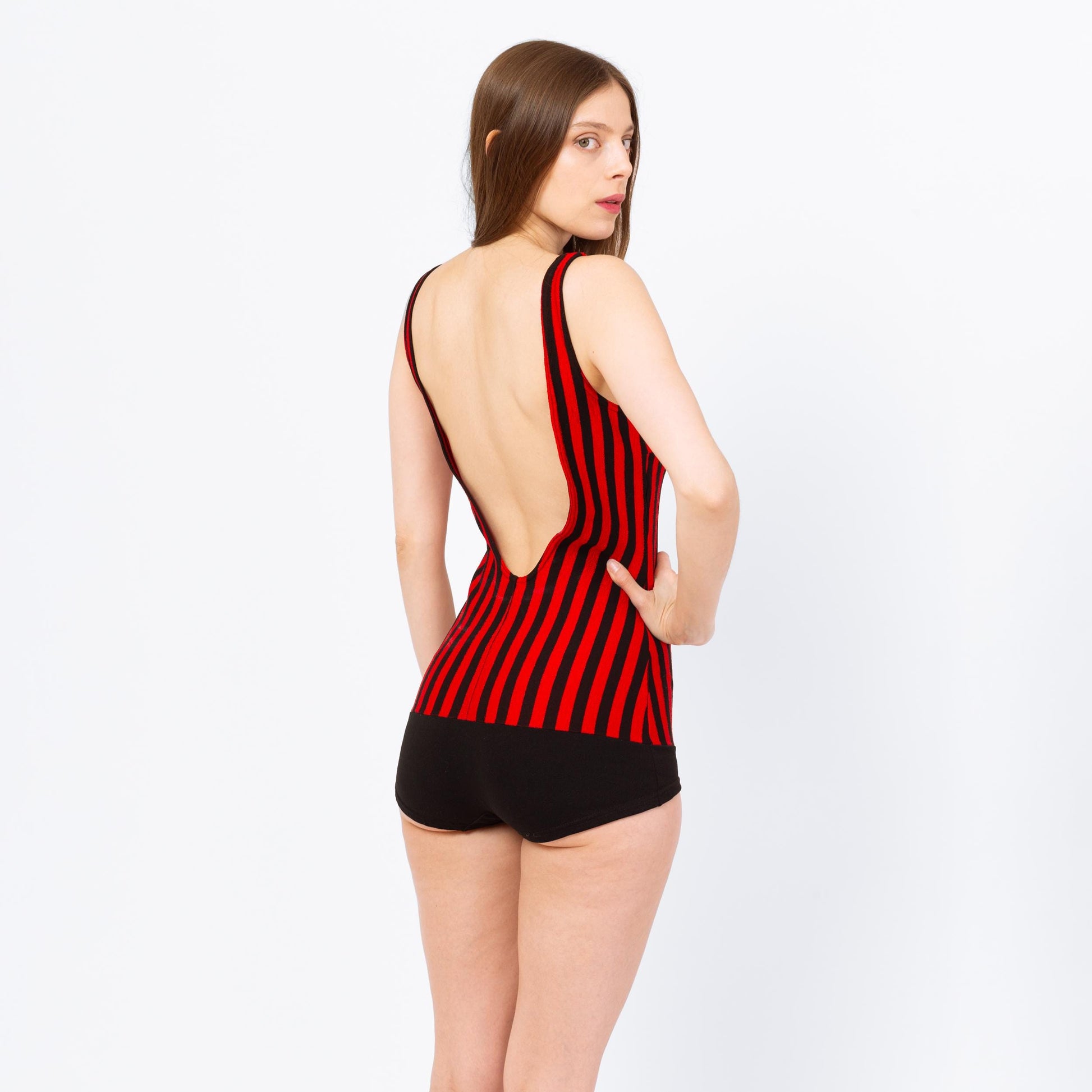Vintage 70s Red & Black Striped One Piece Swimsuit - Medium | Retro Low Back Gothic Rockabilly Pinup Bathing Suit